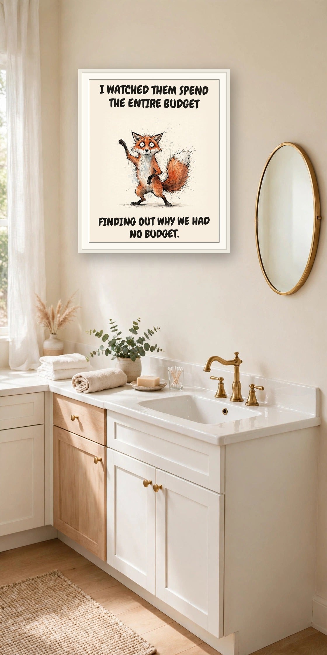 The same print shown hanging in an office — frame for display only, not included