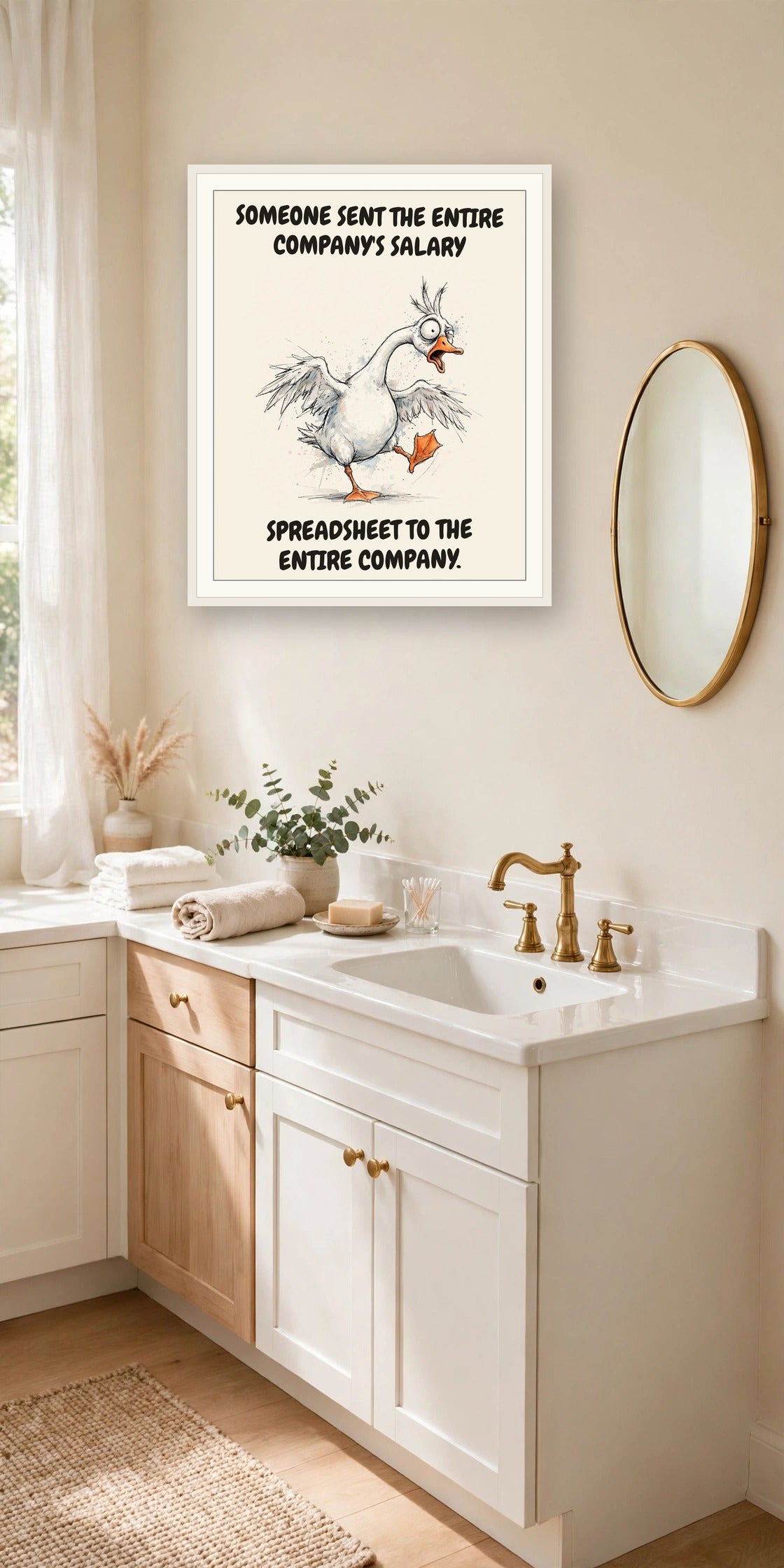 The same print shown hanging in an office — frame for display only, not included