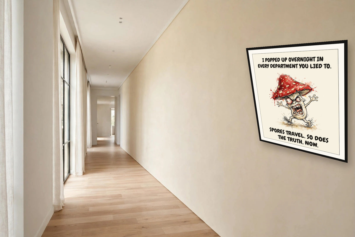 The same print shown hanging in an office — frame for display only, not included