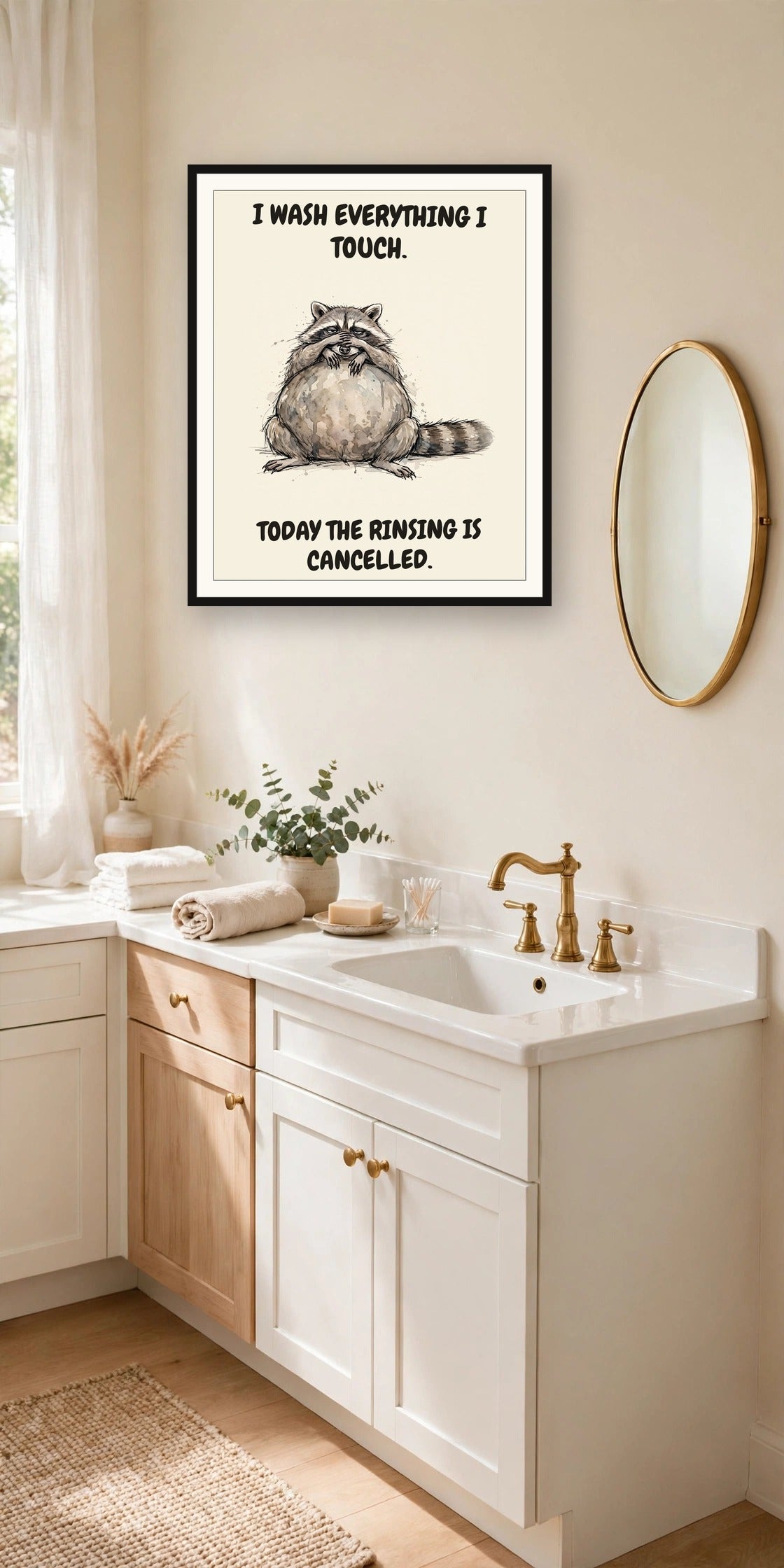 The same print shown hanging in a bathroom — frame for display only, not included