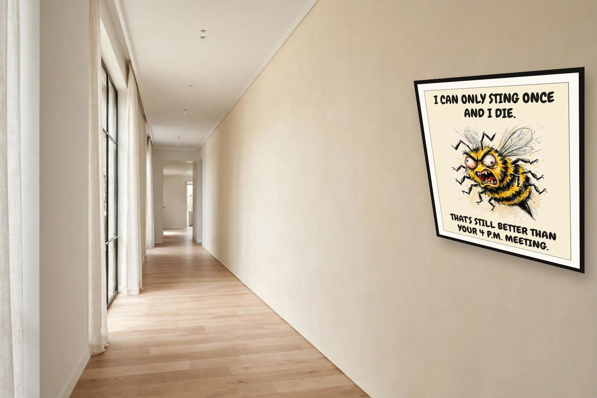 The same print shown hanging in an office — frame for display only, not included