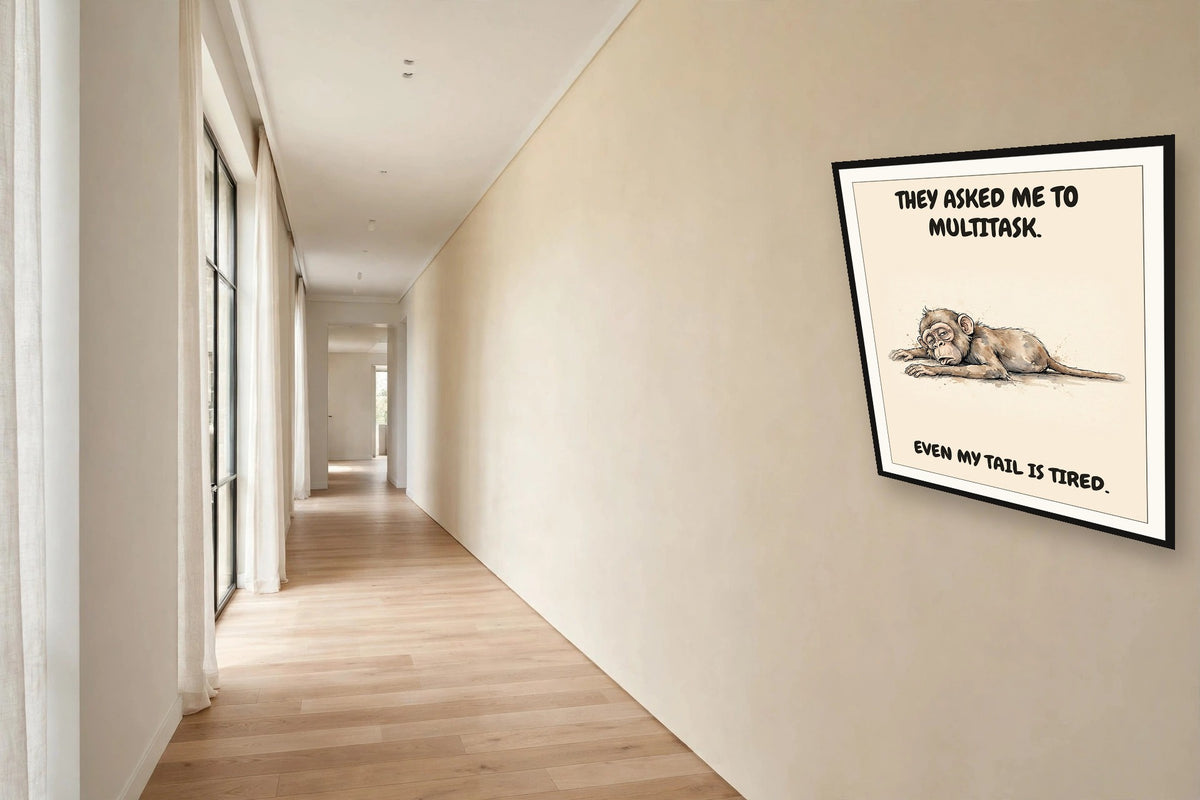 The same print shown hanging in an office — frame for display only, not included