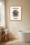 The same print shown hanging in a bathroom — frame for display only, not included