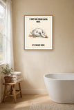 The same print shown hanging in a bathroom — frame for display only, not included