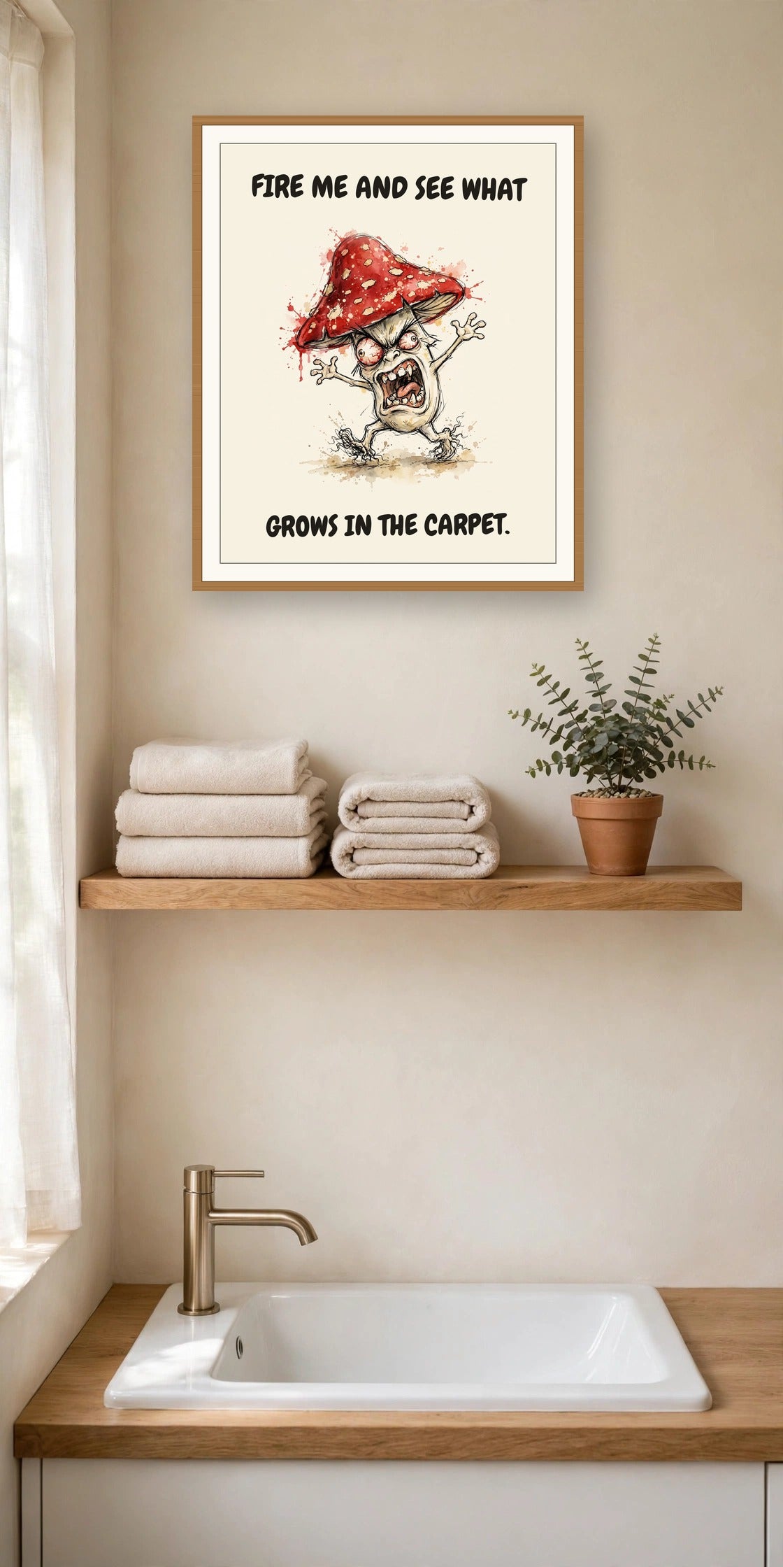 The same print shown hanging in an office — frame for display only, not included