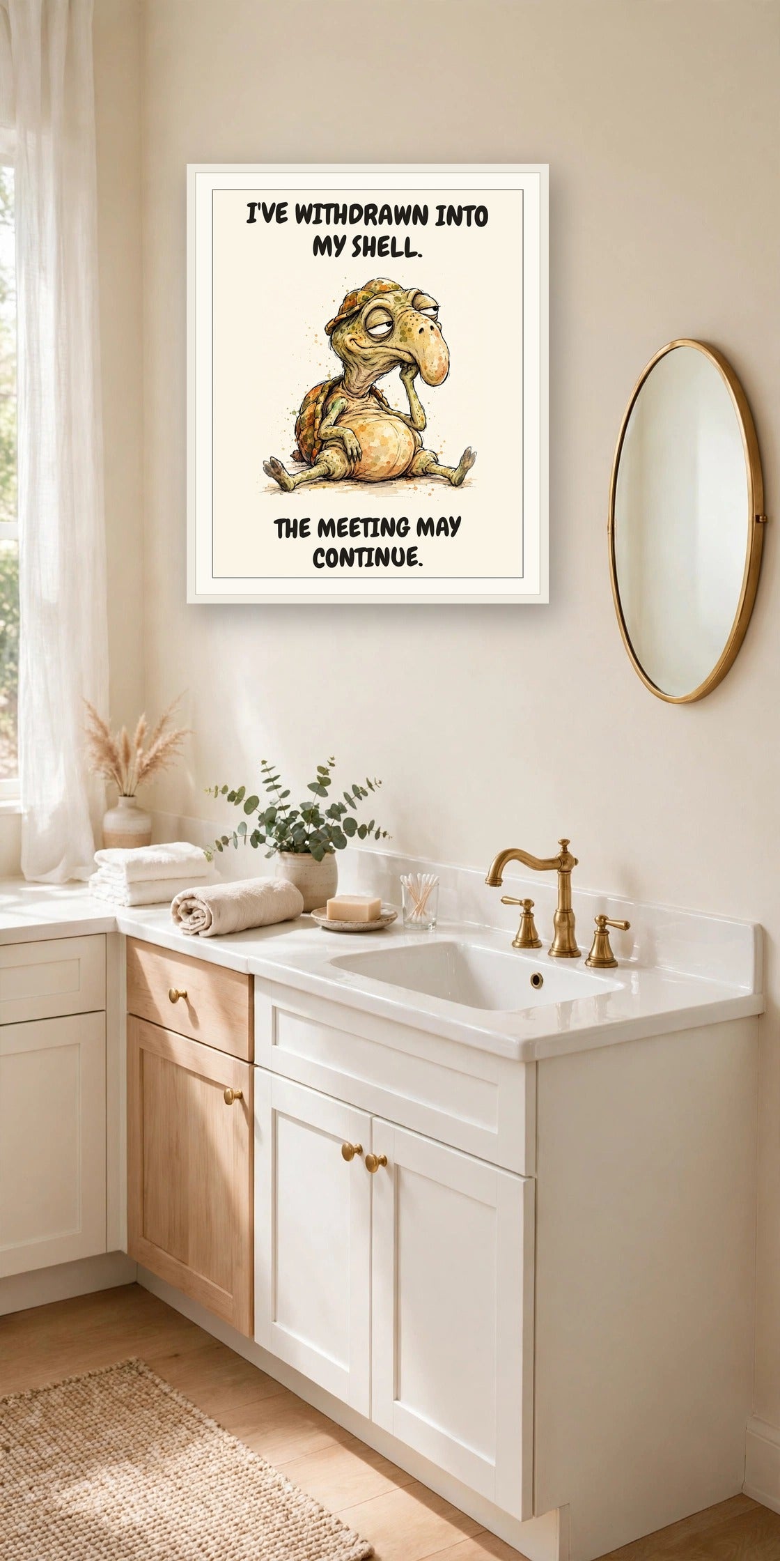 The same print shown hanging in an office — frame for display only, not included