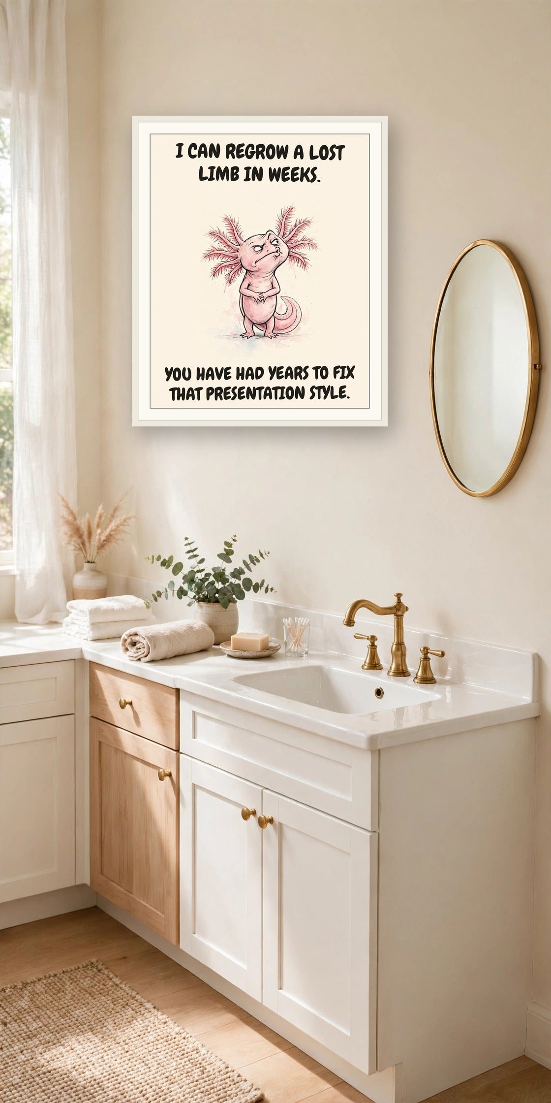 The same print shown hanging in an office — frame for display only, not included