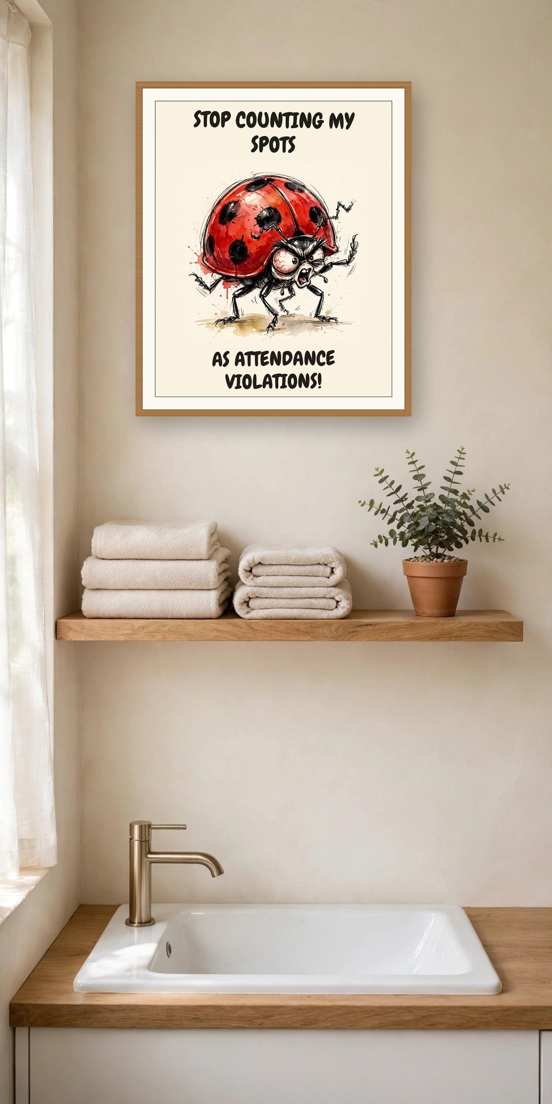 The same print shown hanging in an office — frame for display only, not included