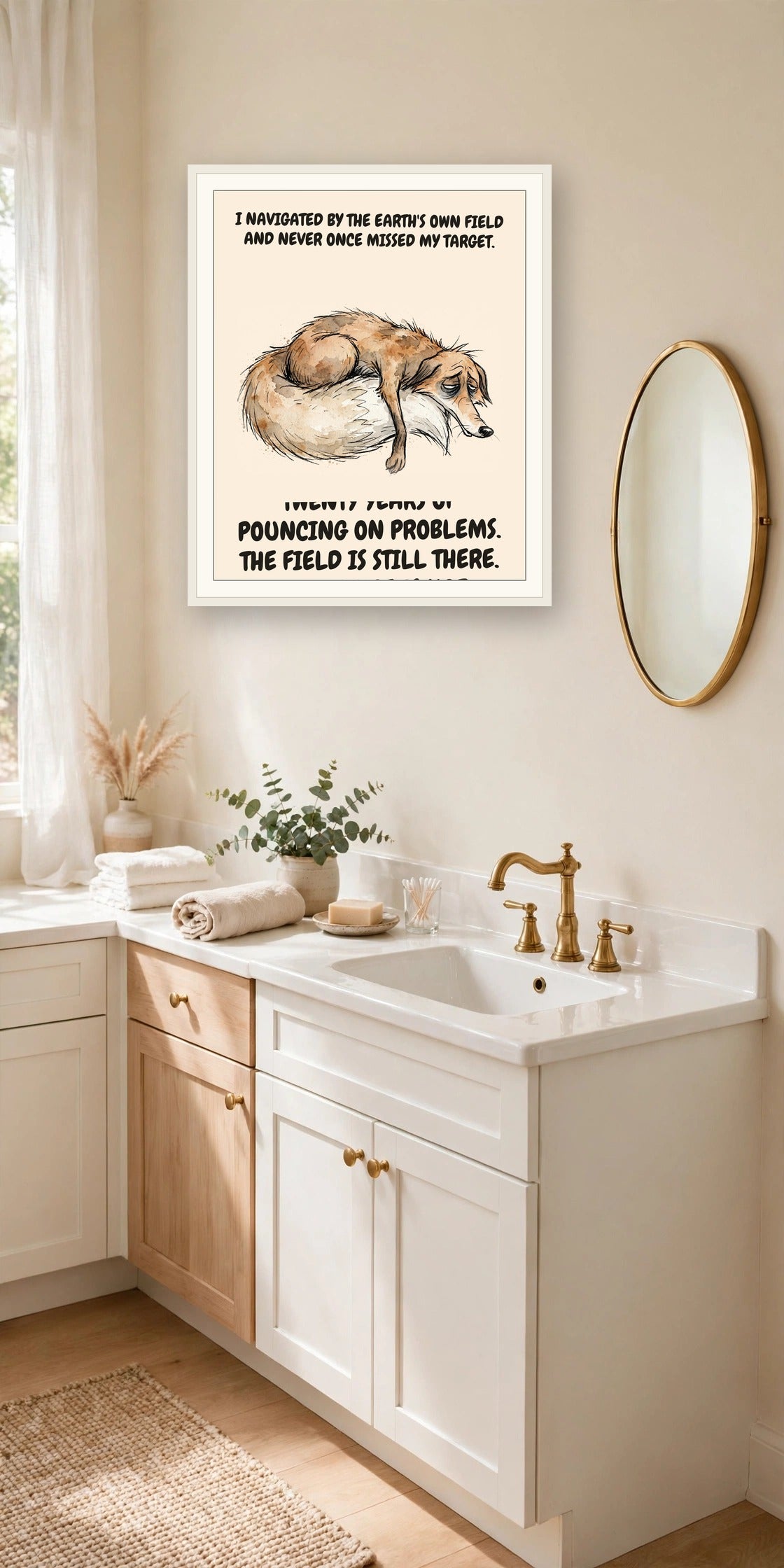 The same print shown hanging in an office — frame for display only, not included