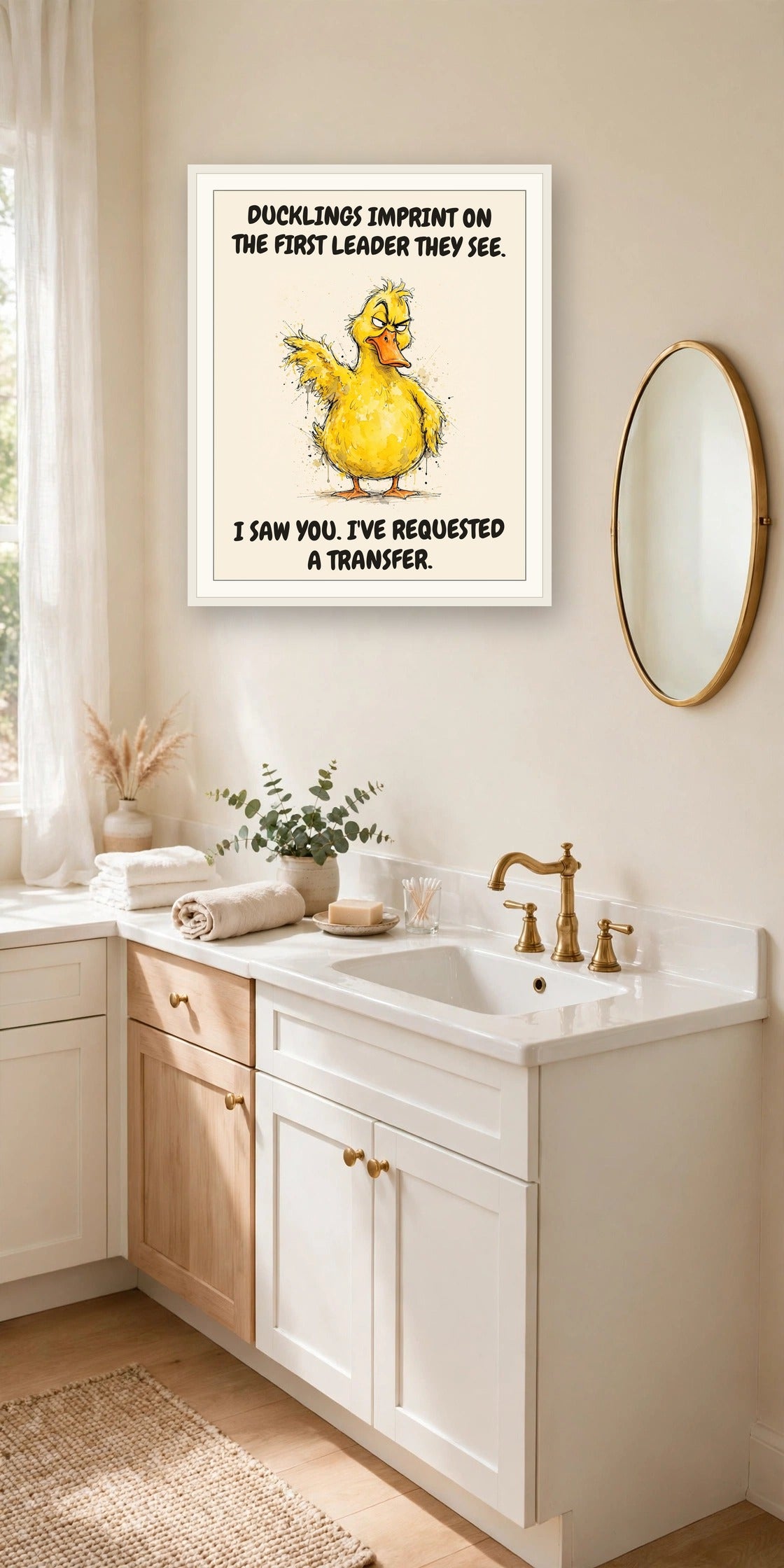 The same print shown hanging in an office — frame for display only, not included