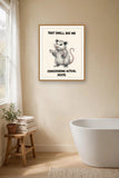 The same print shown hanging in a bathroom — frame for display only, not included