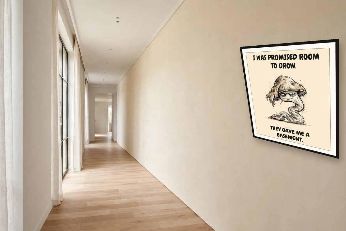 The same print shown hanging in an office — frame for display only, not included
