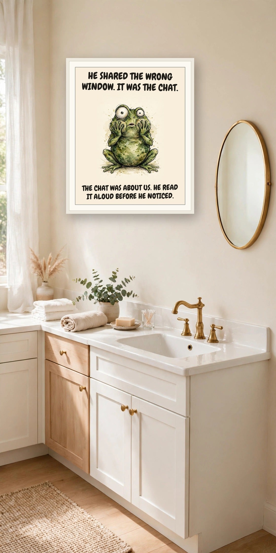The same print shown hanging in an office — frame for display only, not included