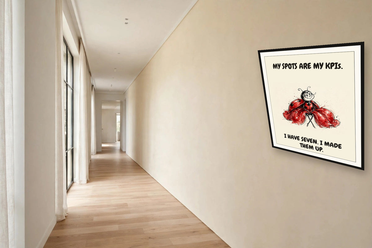 The same print shown hanging in an office — frame for display only, not included