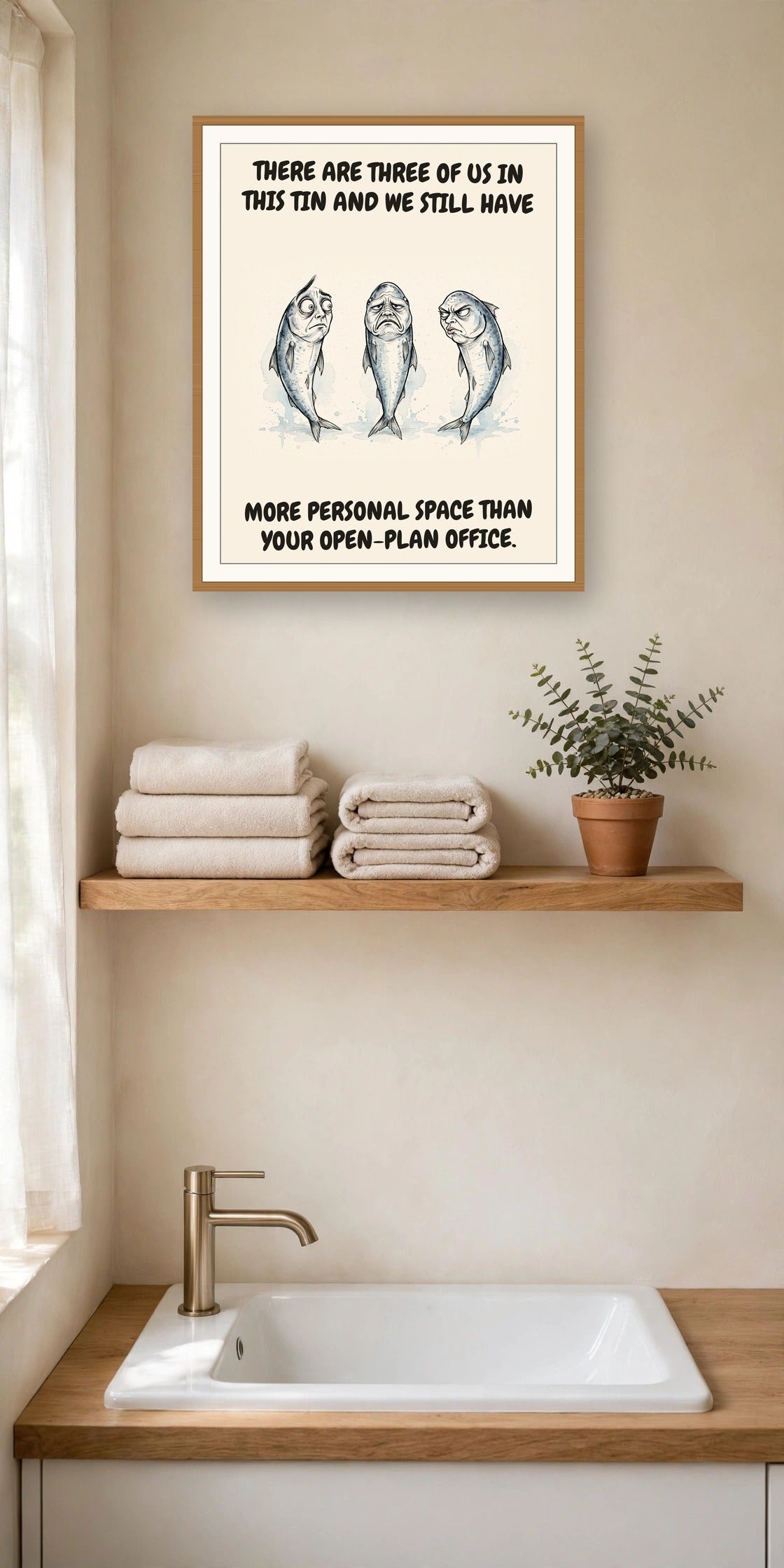The same print shown hanging in an office — frame for display only, not included
