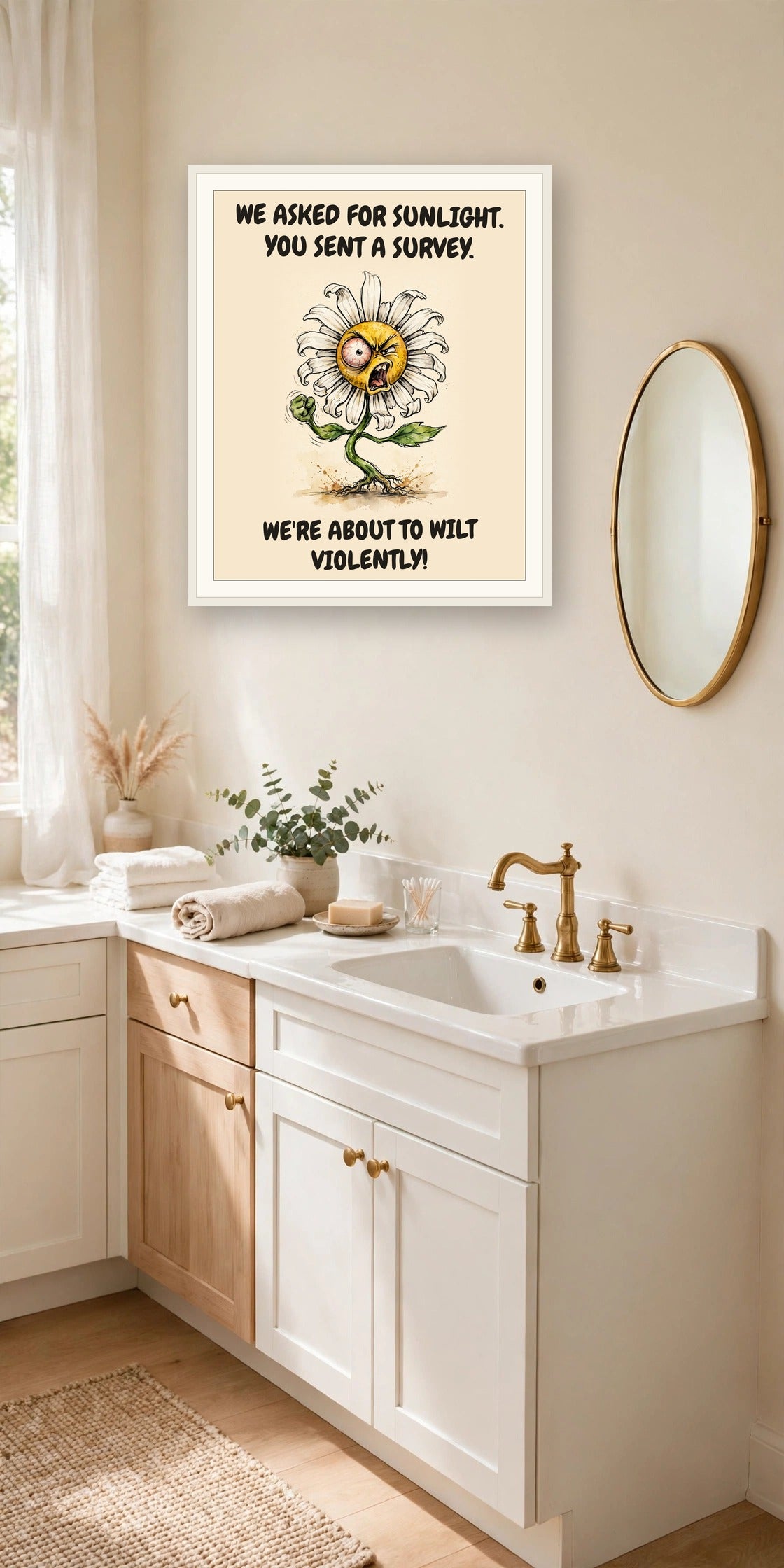 The same print shown hanging in an office — frame for display only, not included