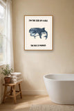 The same print shown hanging in a bathroom — frame for display only, not included