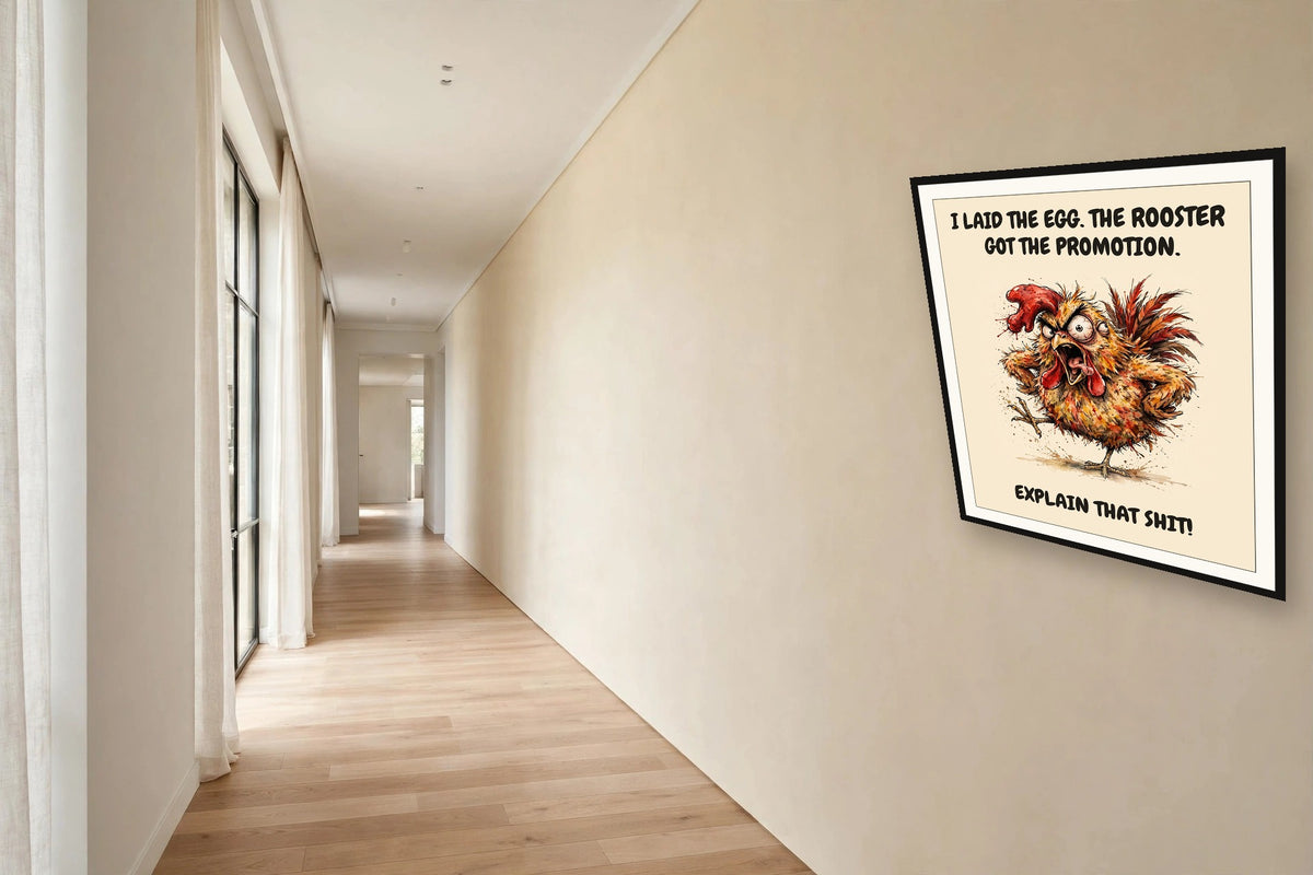 The same print shown hanging in an office — frame for display only, not included