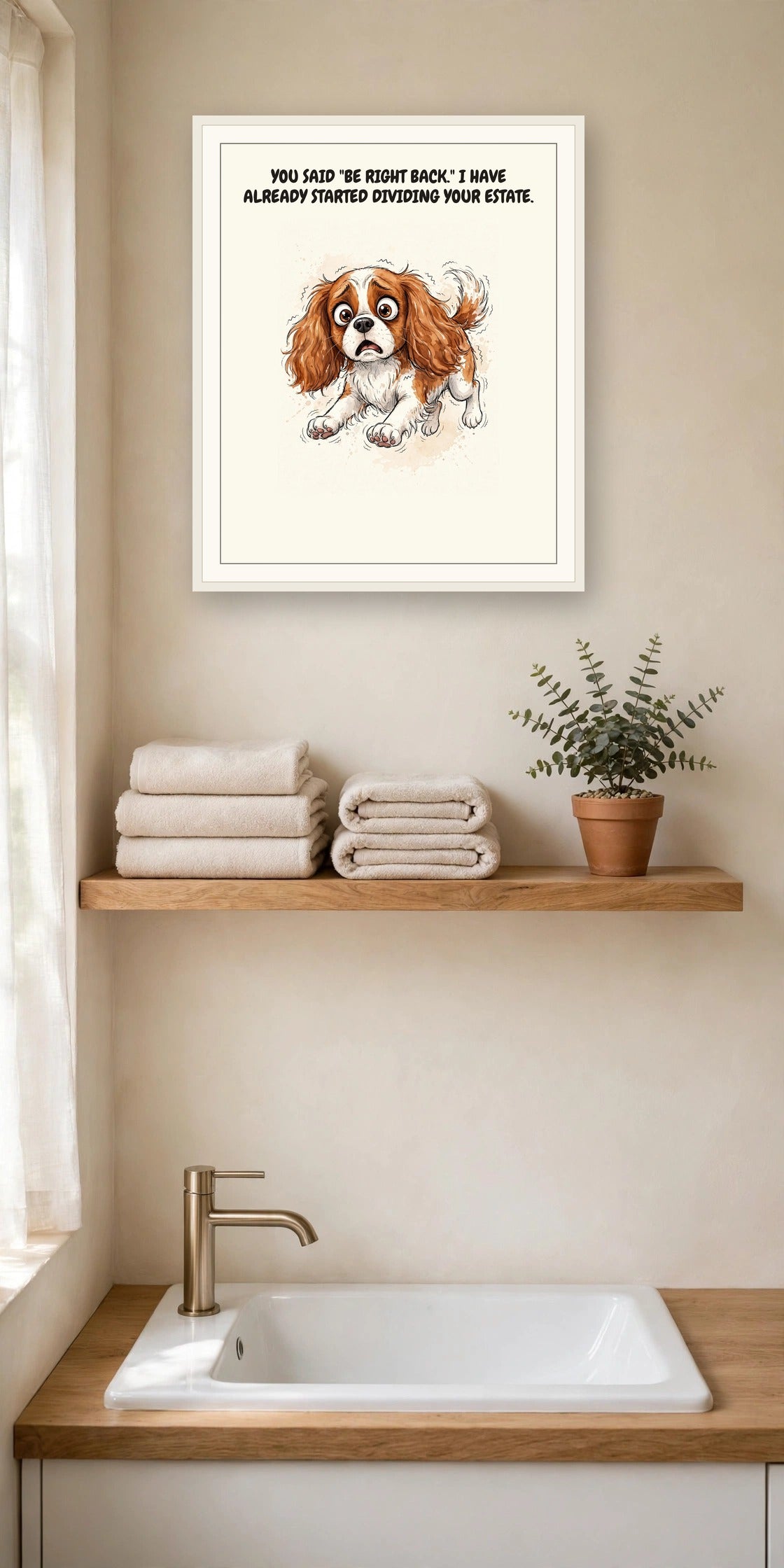 Lifestyle display mockup — frame not included. Horrified Cavalier King Charles Spaniel art print.