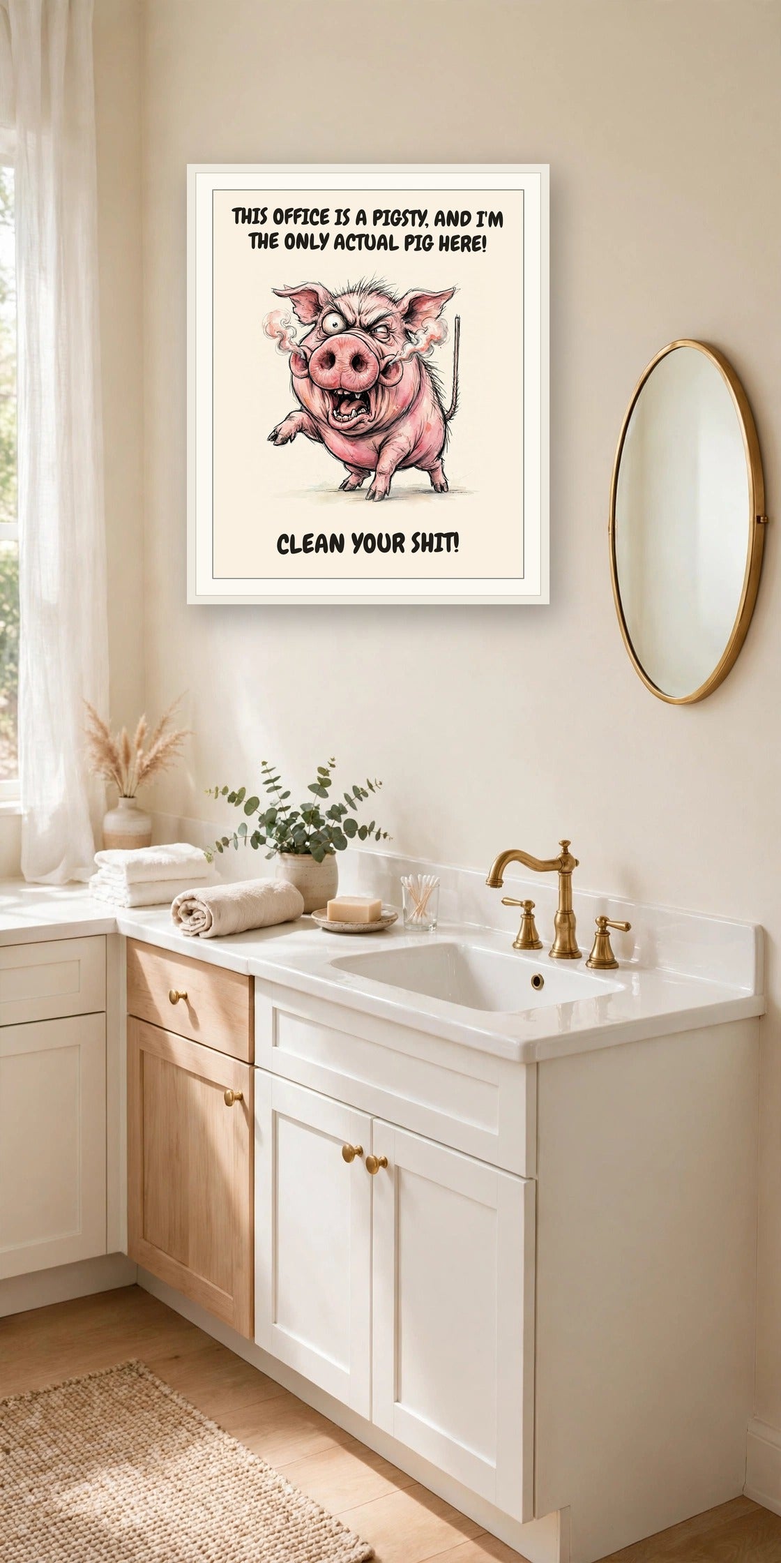 The same print shown hanging in an office — frame for display only, not included