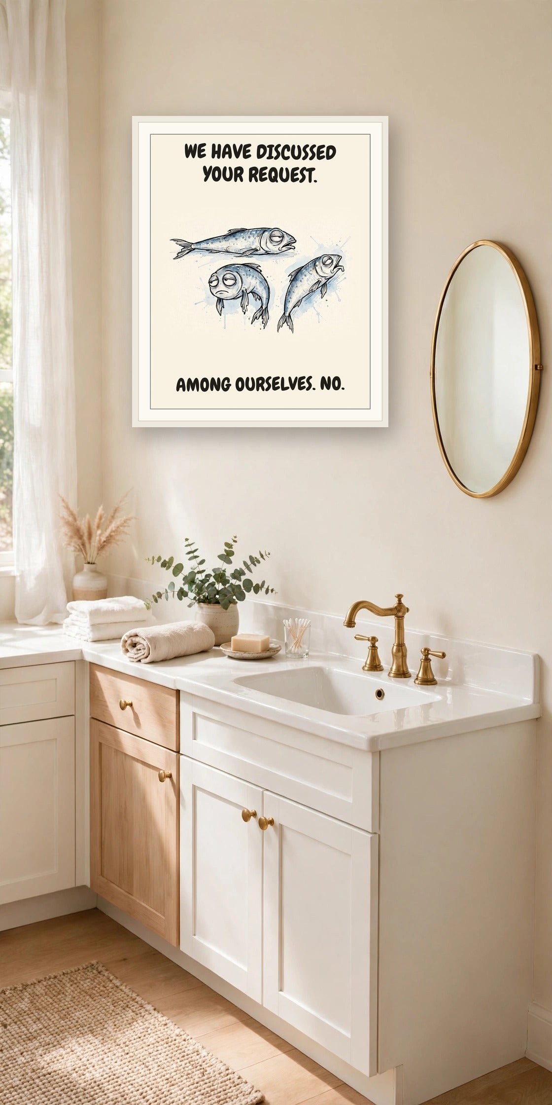 The same print shown hanging in an office — frame for display only, not included