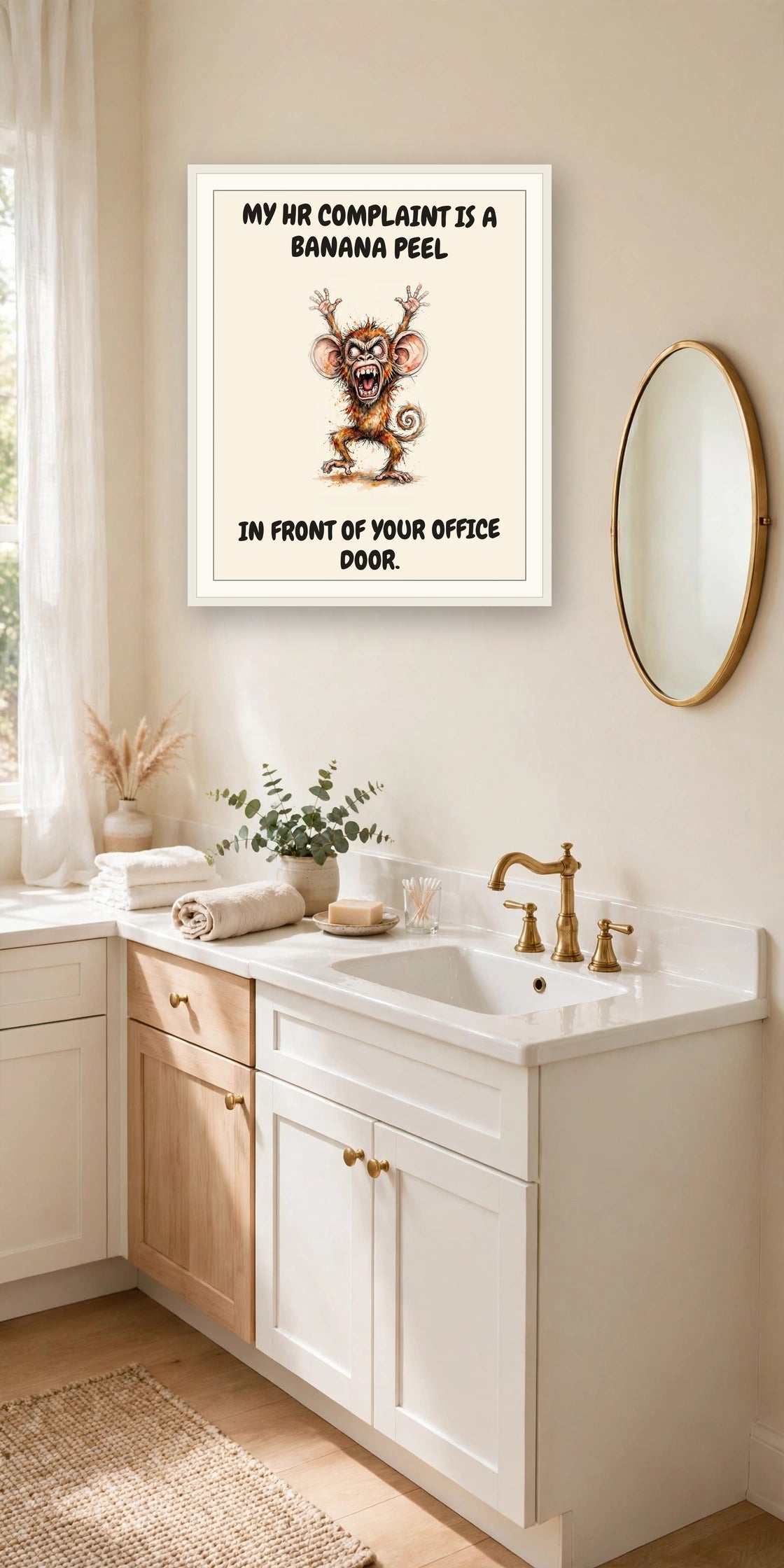 The same print shown hanging in an office — frame for display only, not included