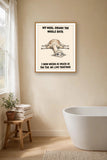 The same print shown hanging in a bathroom — frame for display only, not included