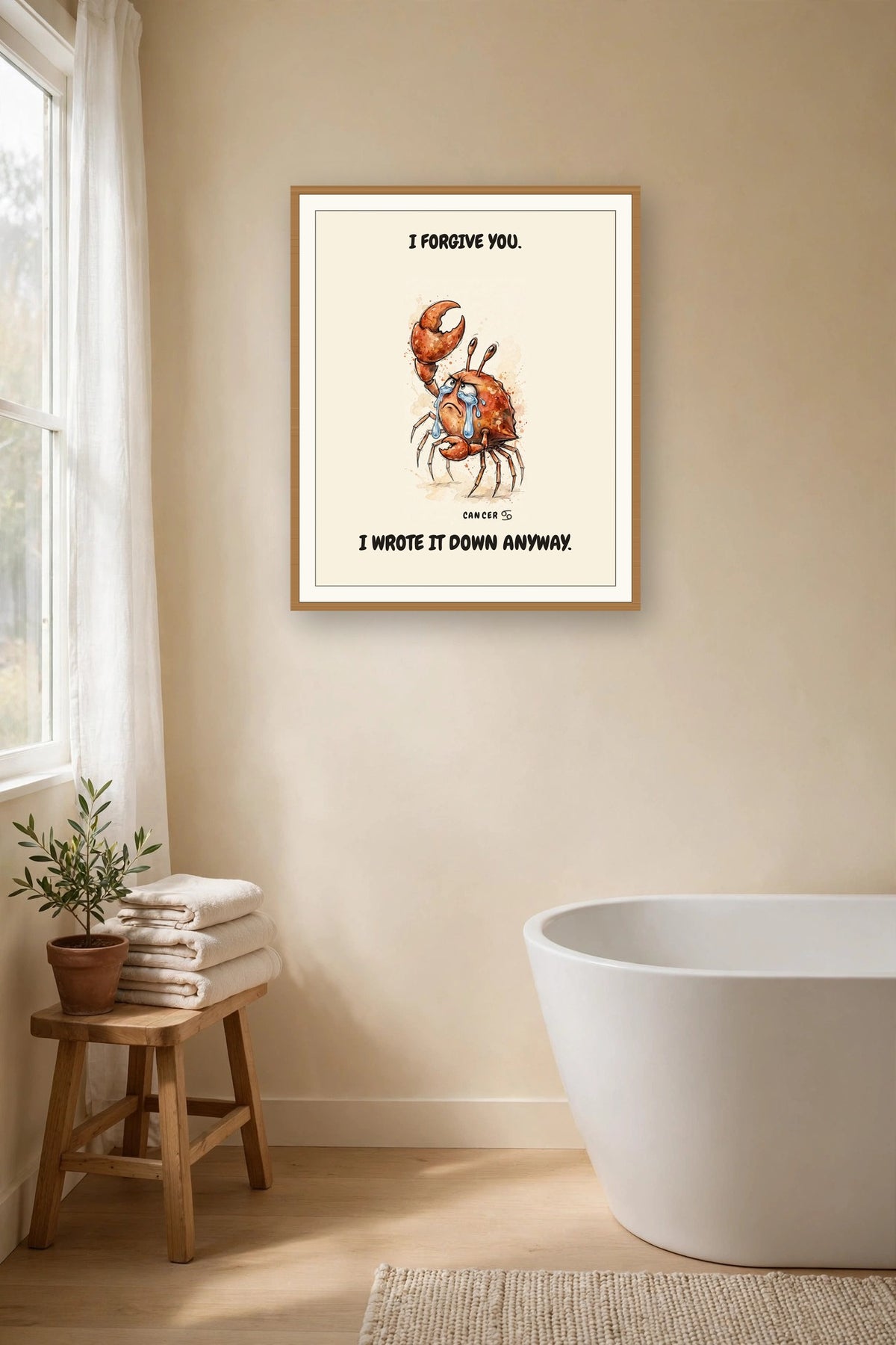 Lifestyle display mockup — frame not included. Cancer Crab zodiac art print.