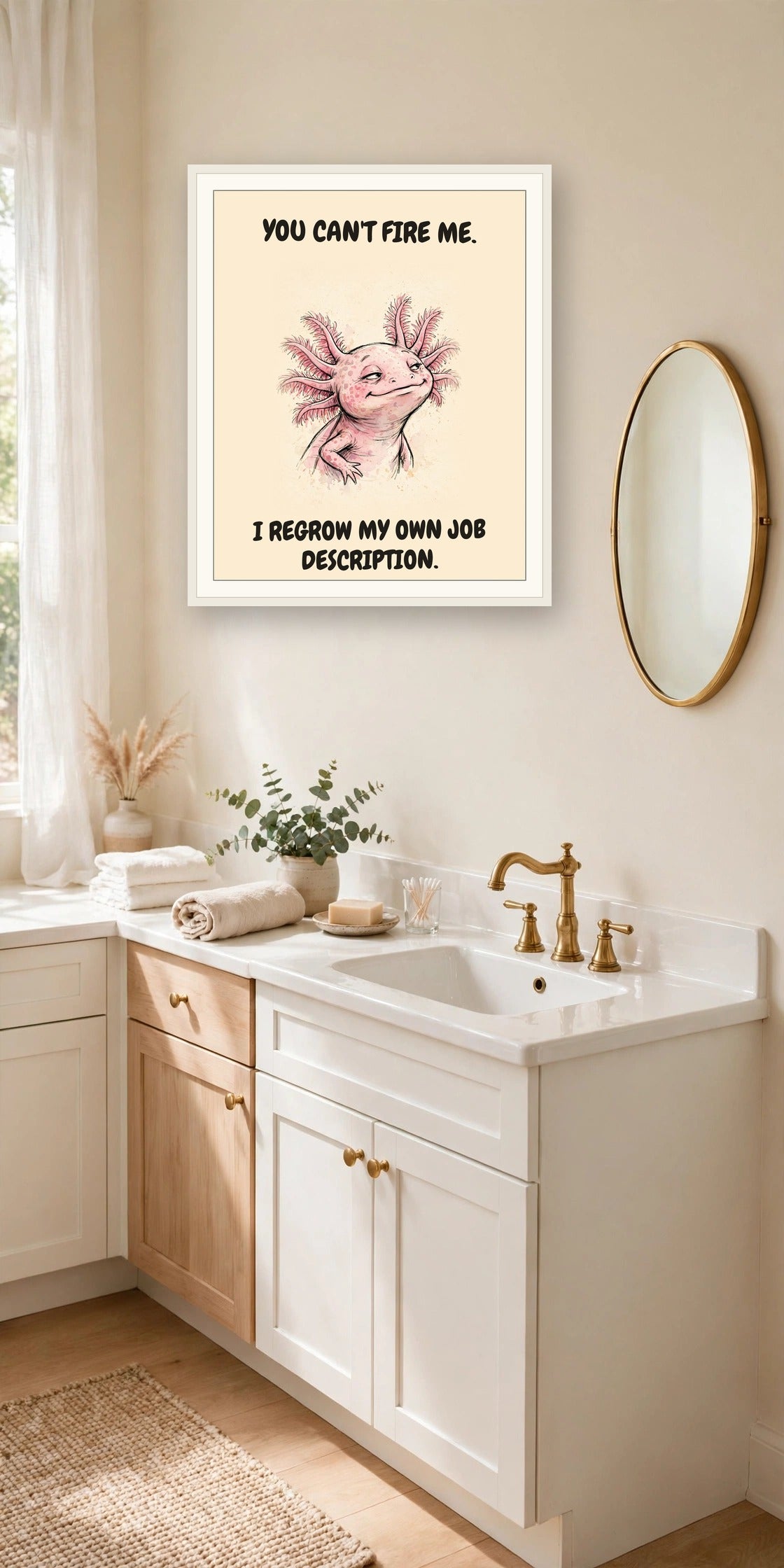 The same print shown hanging in an office — frame for display only, not included