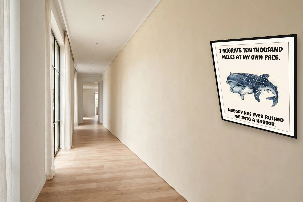 The same print shown hanging in an office — frame for display only, not included