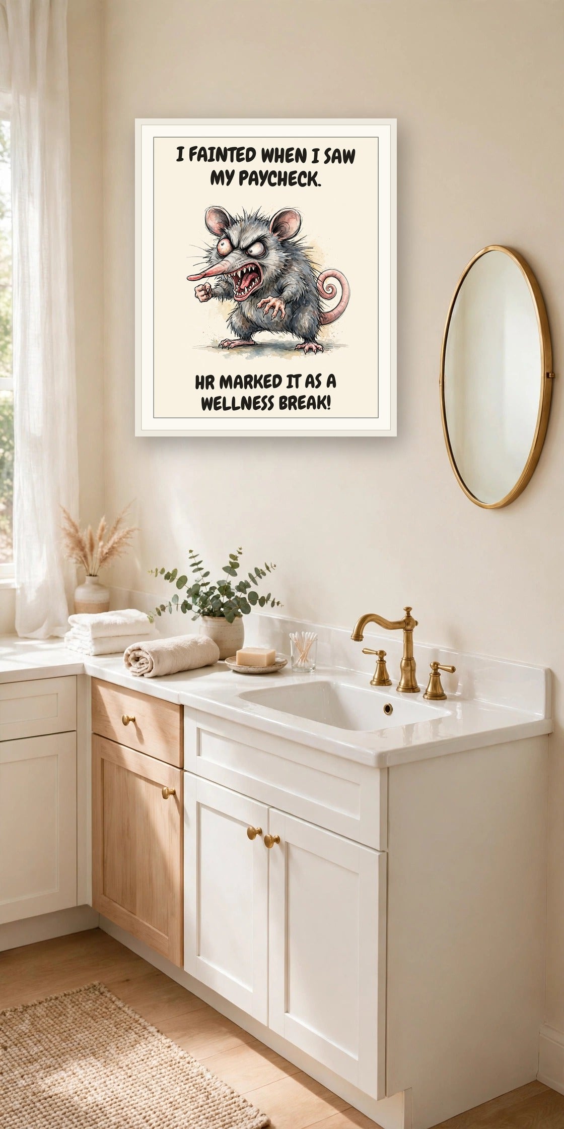 The same print shown hanging in an office — frame for display only, not included