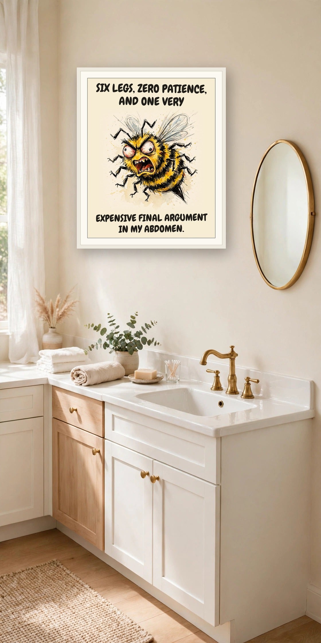 The same print shown hanging in an office — frame for display only, not included