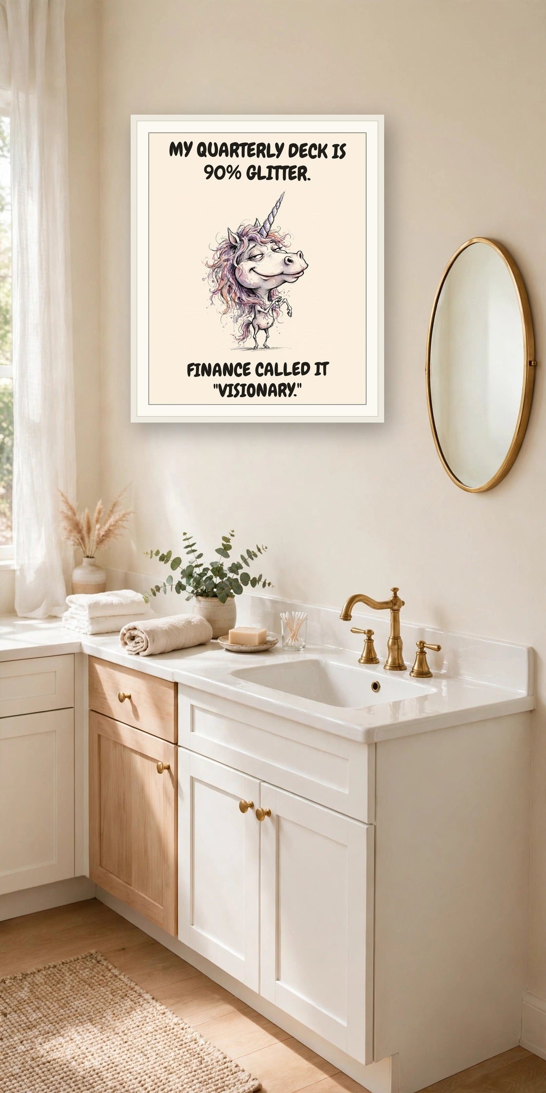 The same print shown hanging in an office — frame for display only, not included