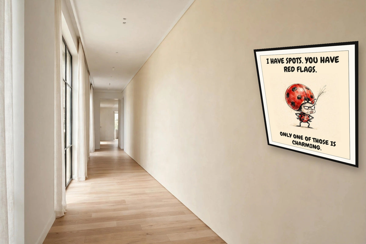 The same print shown hanging in an office — frame for display only, not included