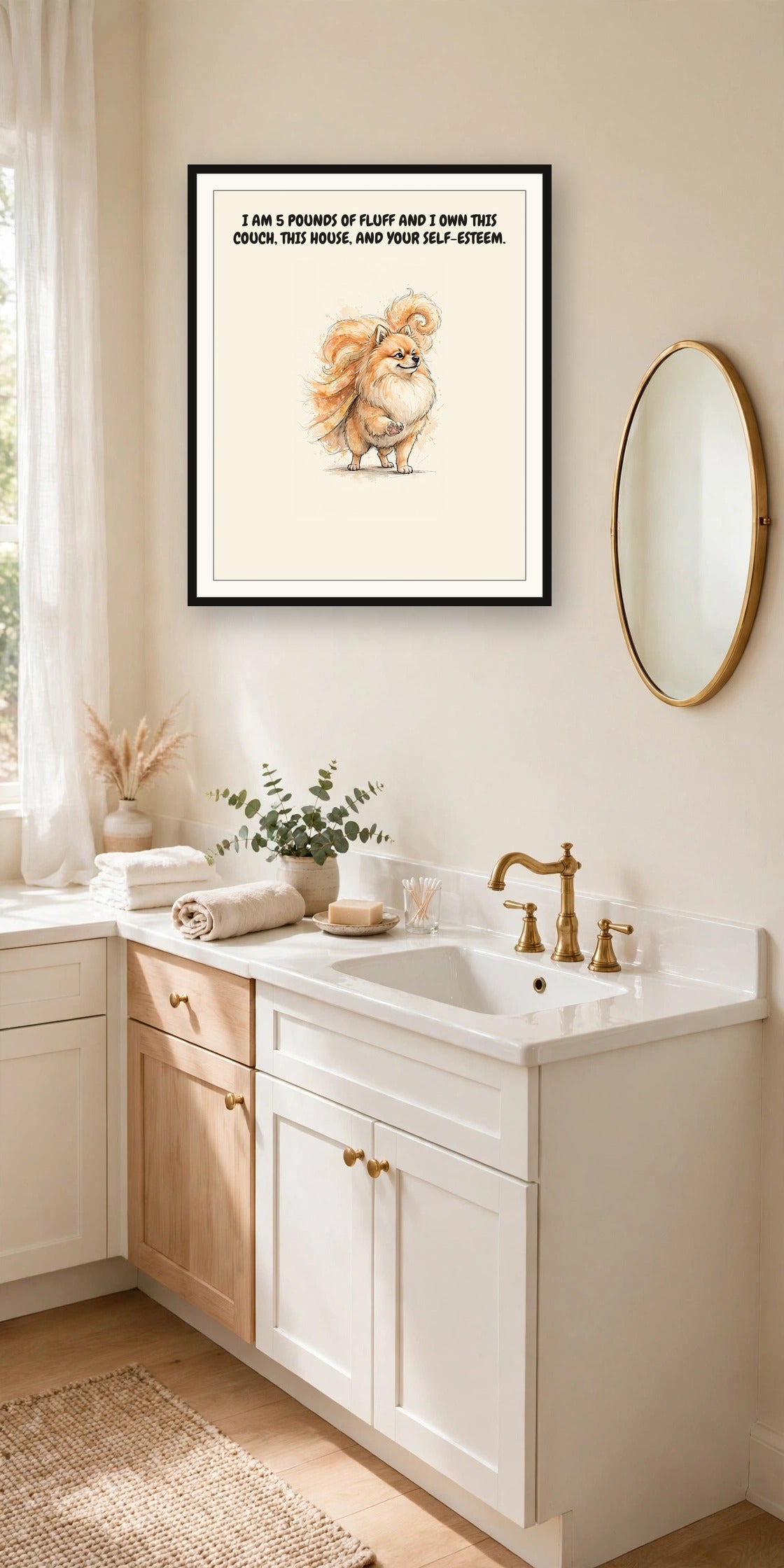 Lifestyle display mockup — frame not included. Smug Pomeranian art print.