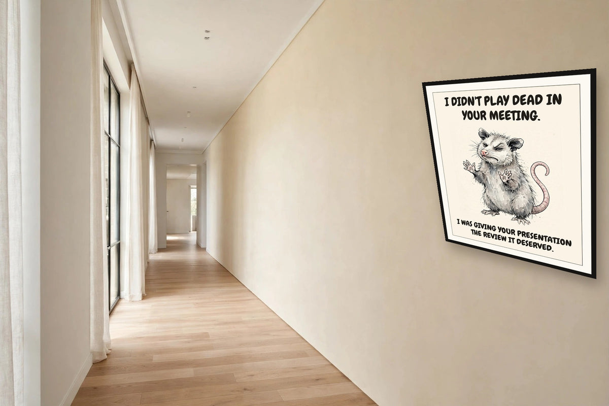 The same print shown hanging in an office — frame for display only, not included