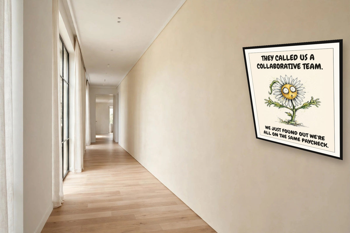 The same print shown hanging in an office — frame for display only, not included