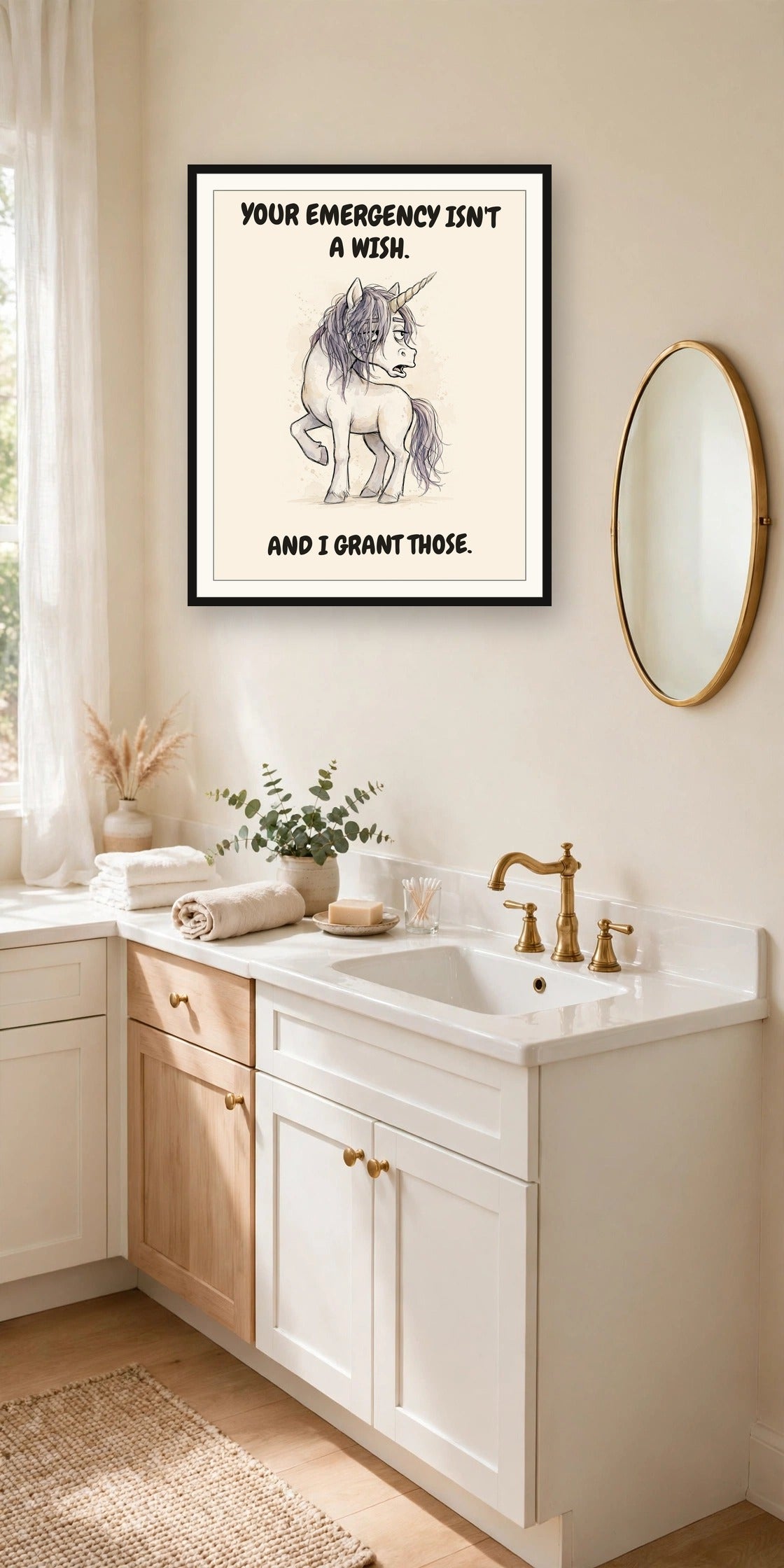 The same print shown hanging in a bathroom — frame for display only, not included