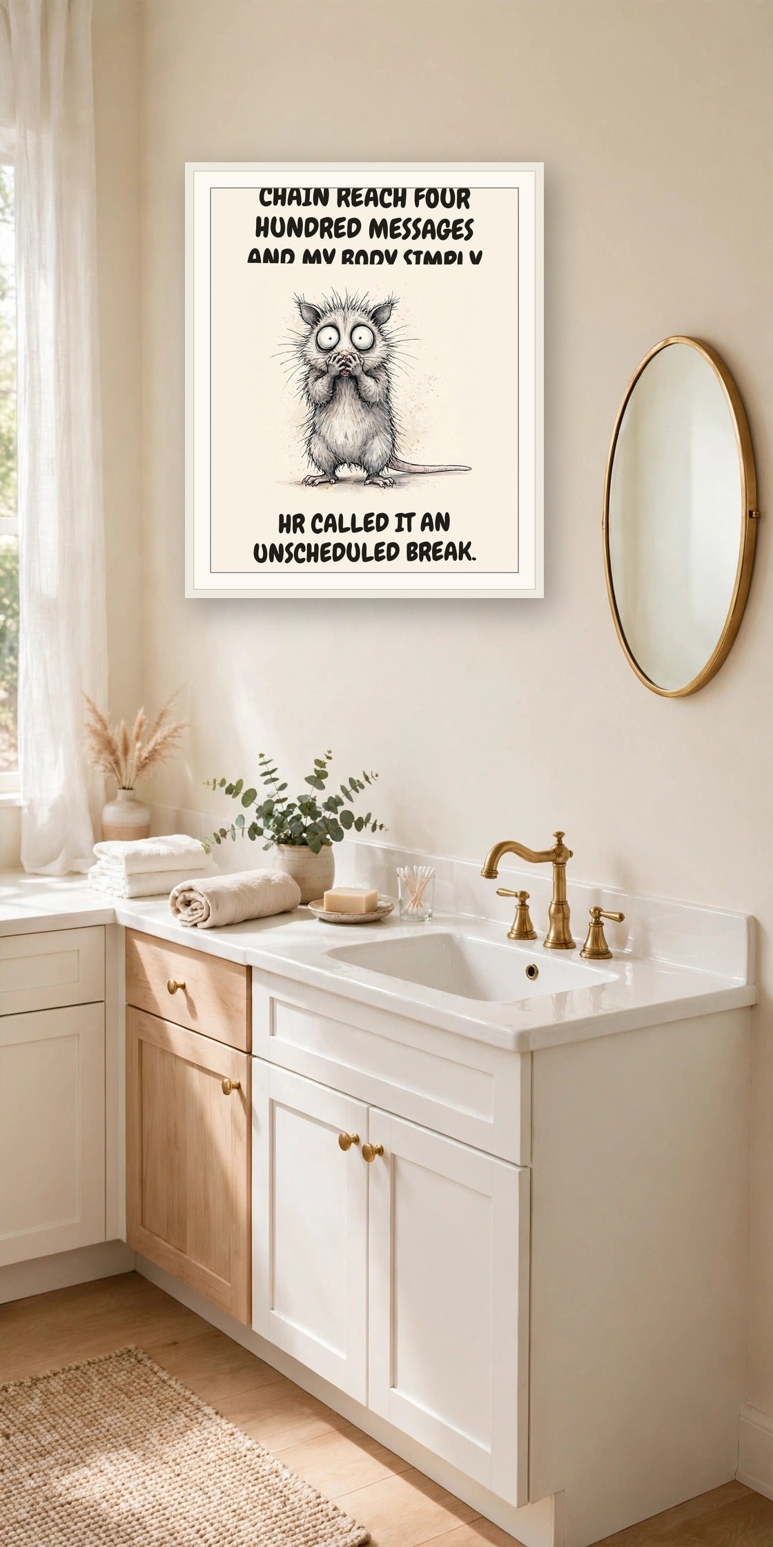 The same print shown hanging in an office — frame for display only, not included