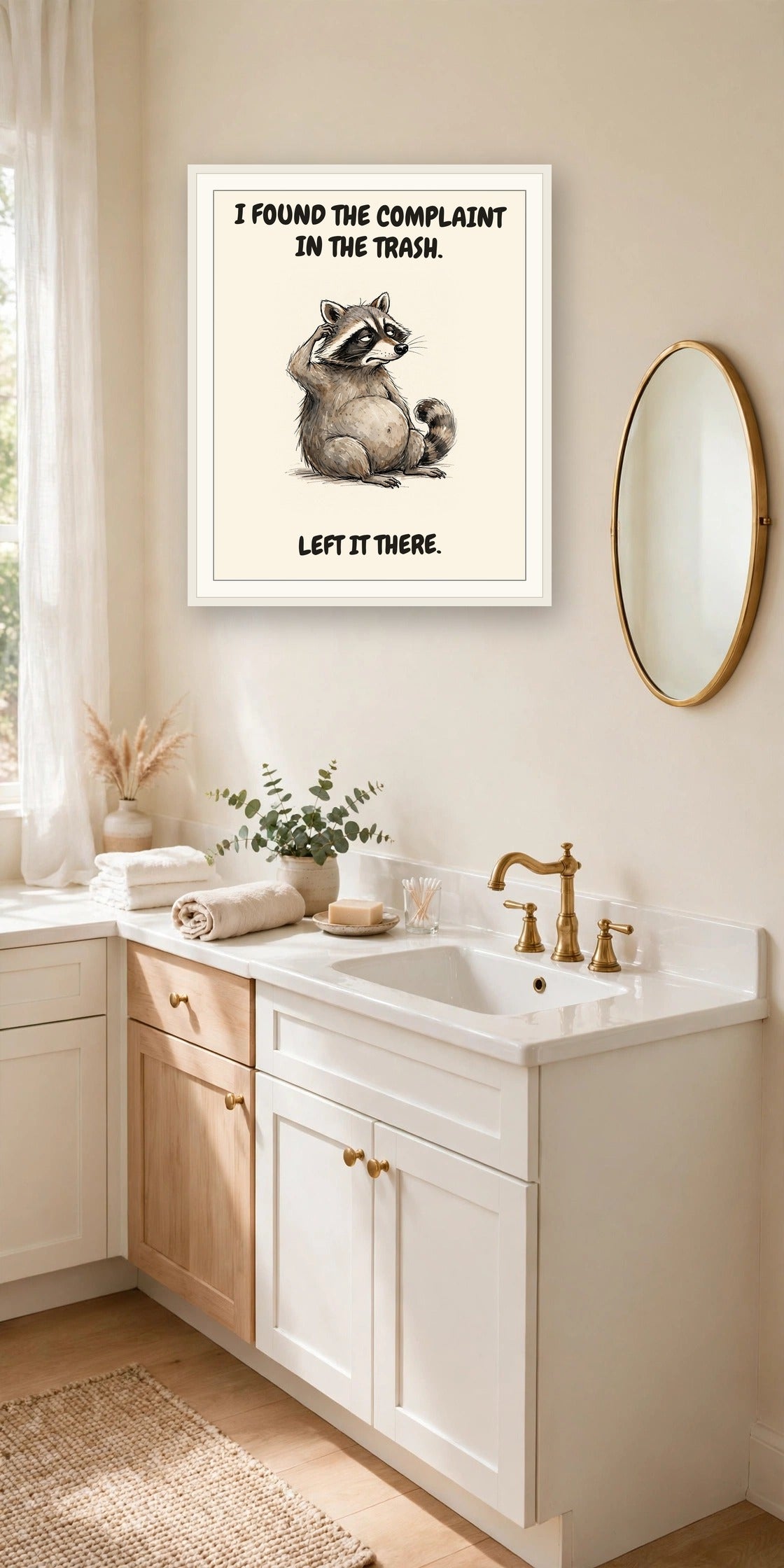 The same print shown hanging in an office — frame for display only, not included