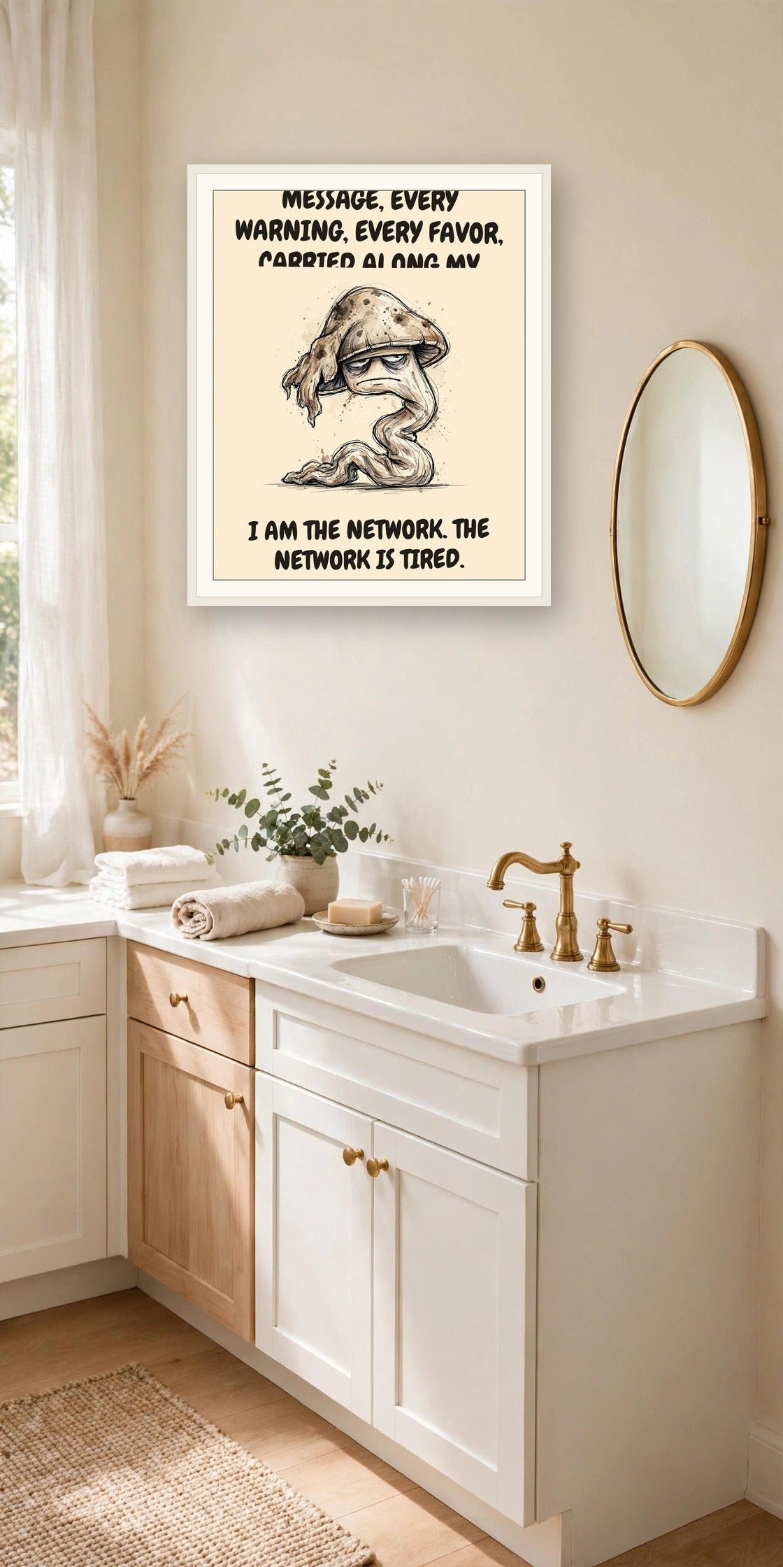 The same print shown hanging in an office — frame for display only, not included