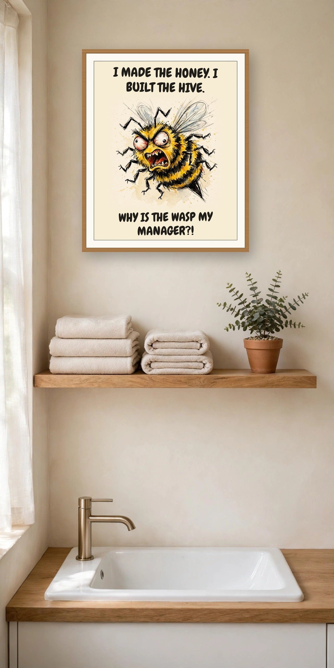 The same print shown hanging in an office — frame for display only, not included