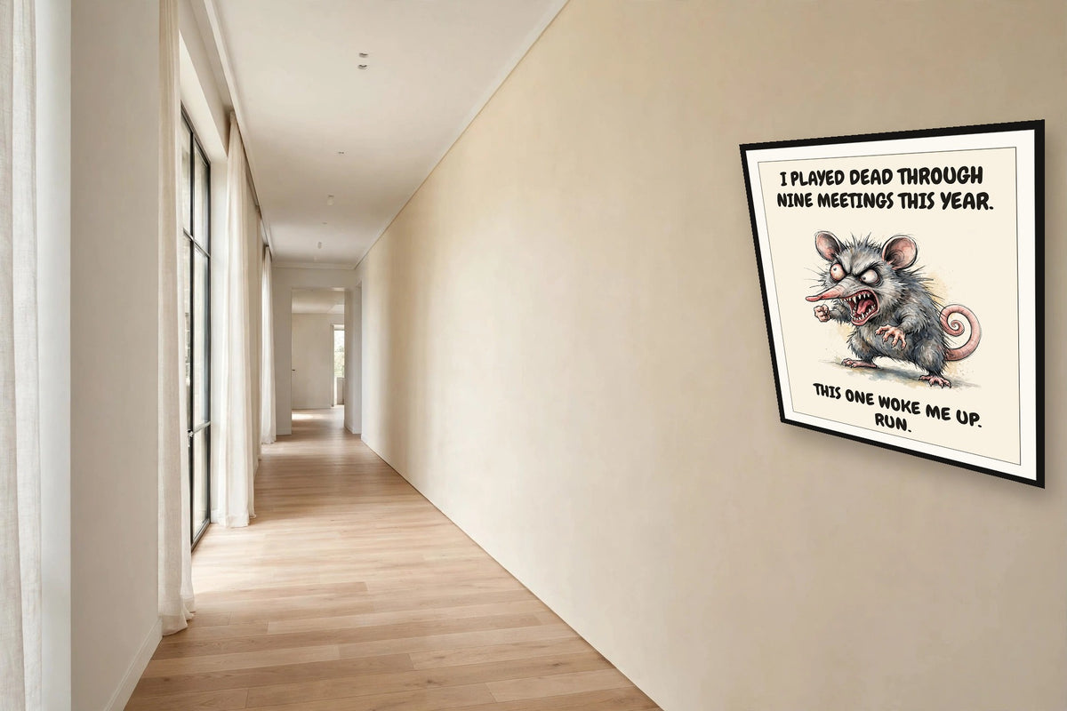 The same print shown hanging in an office — frame for display only, not included