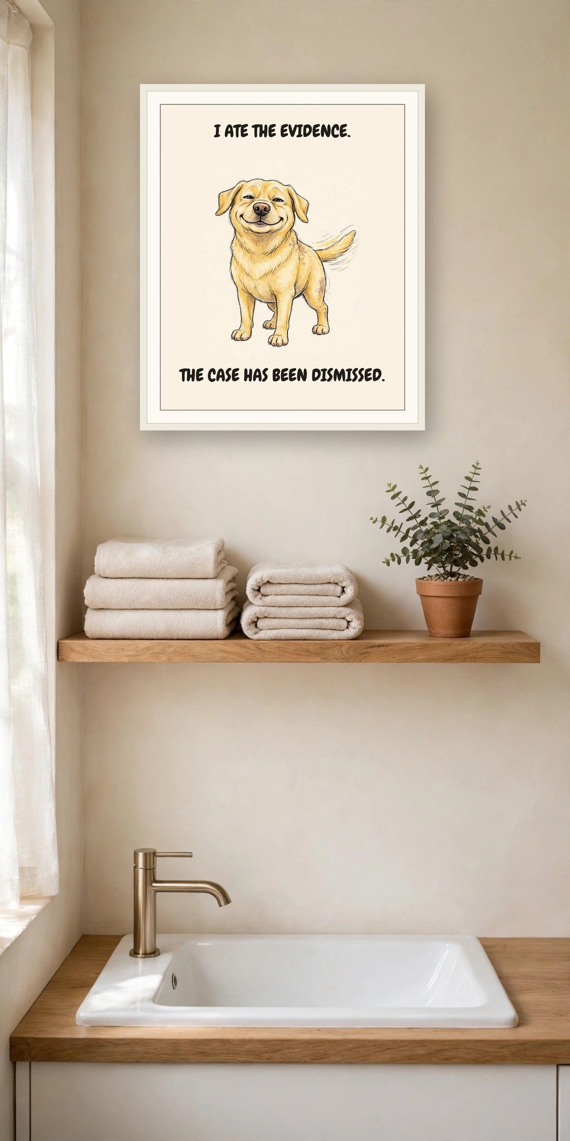 Lifestyle display mockup — frame not included. Smug Labrador Retriever art print.