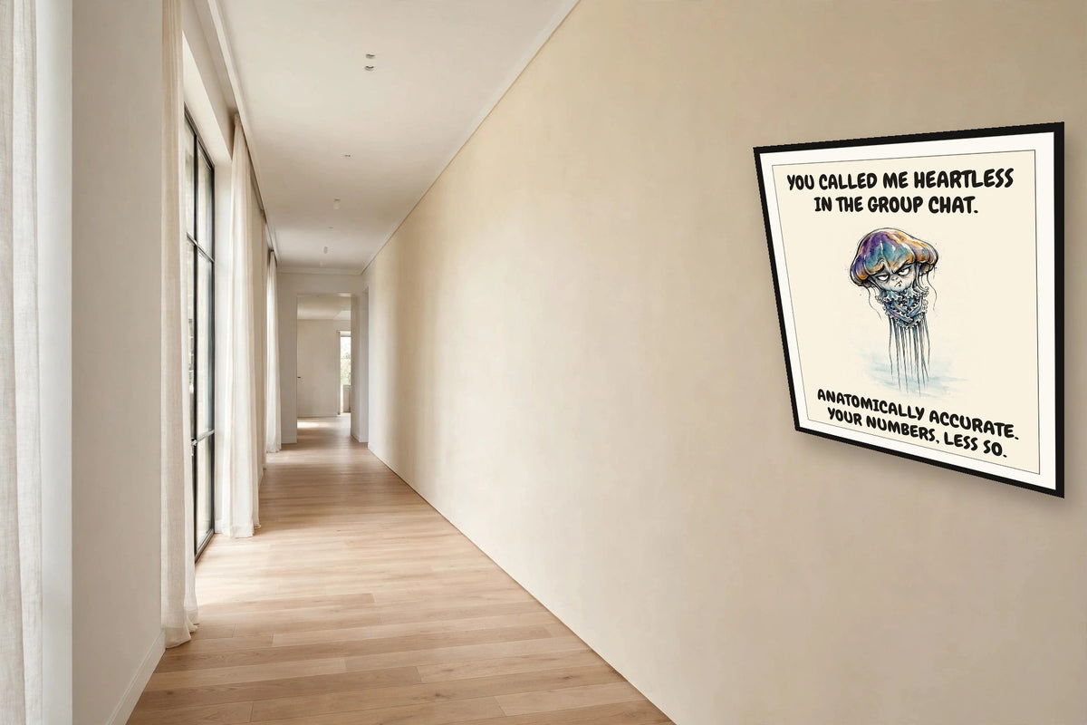The same print shown hanging in an office — frame for display only, not included