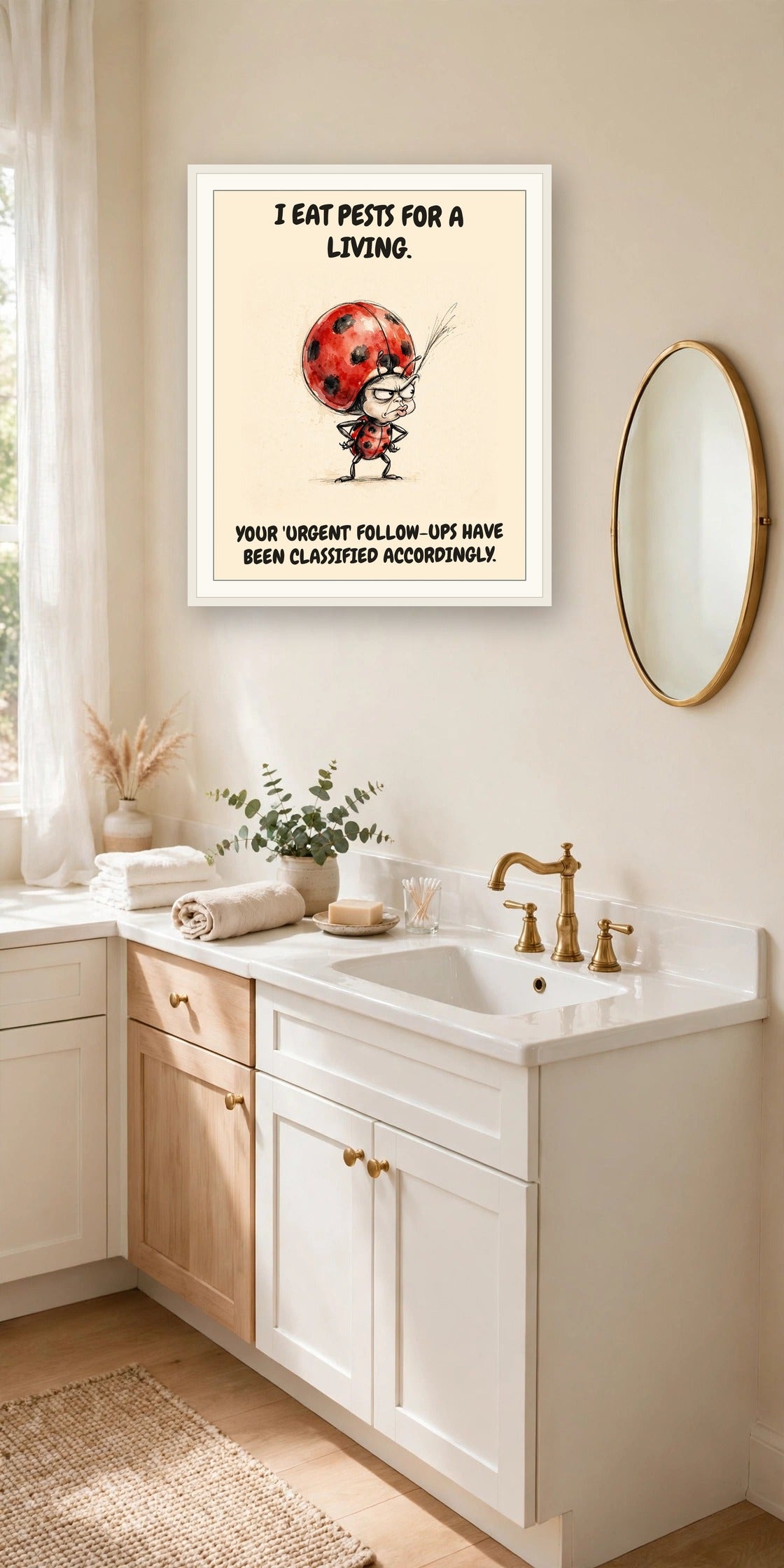 The same print shown hanging in an office — frame for display only, not included