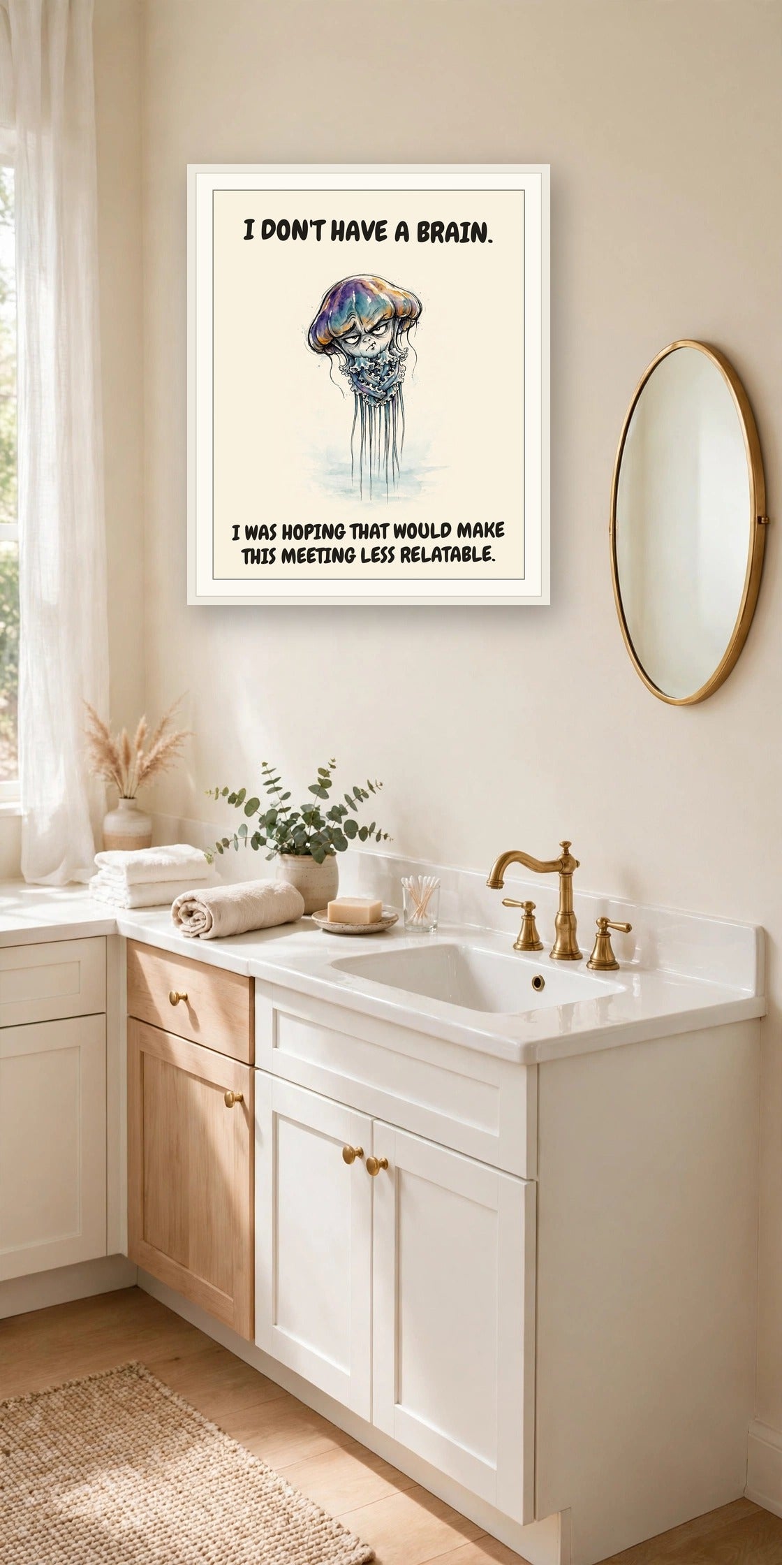 The same print shown hanging in an office — frame for display only, not included