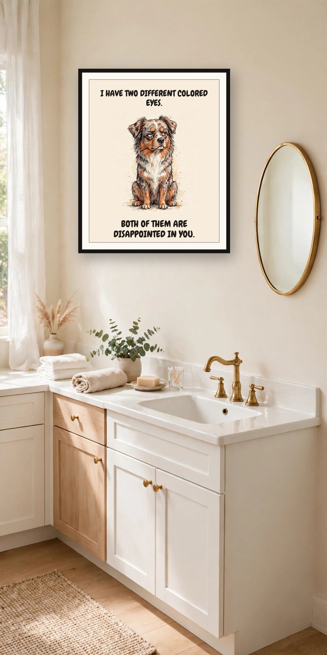 Lifestyle display mockup — frame not included. Judgmental Australian Shepherd art print.
