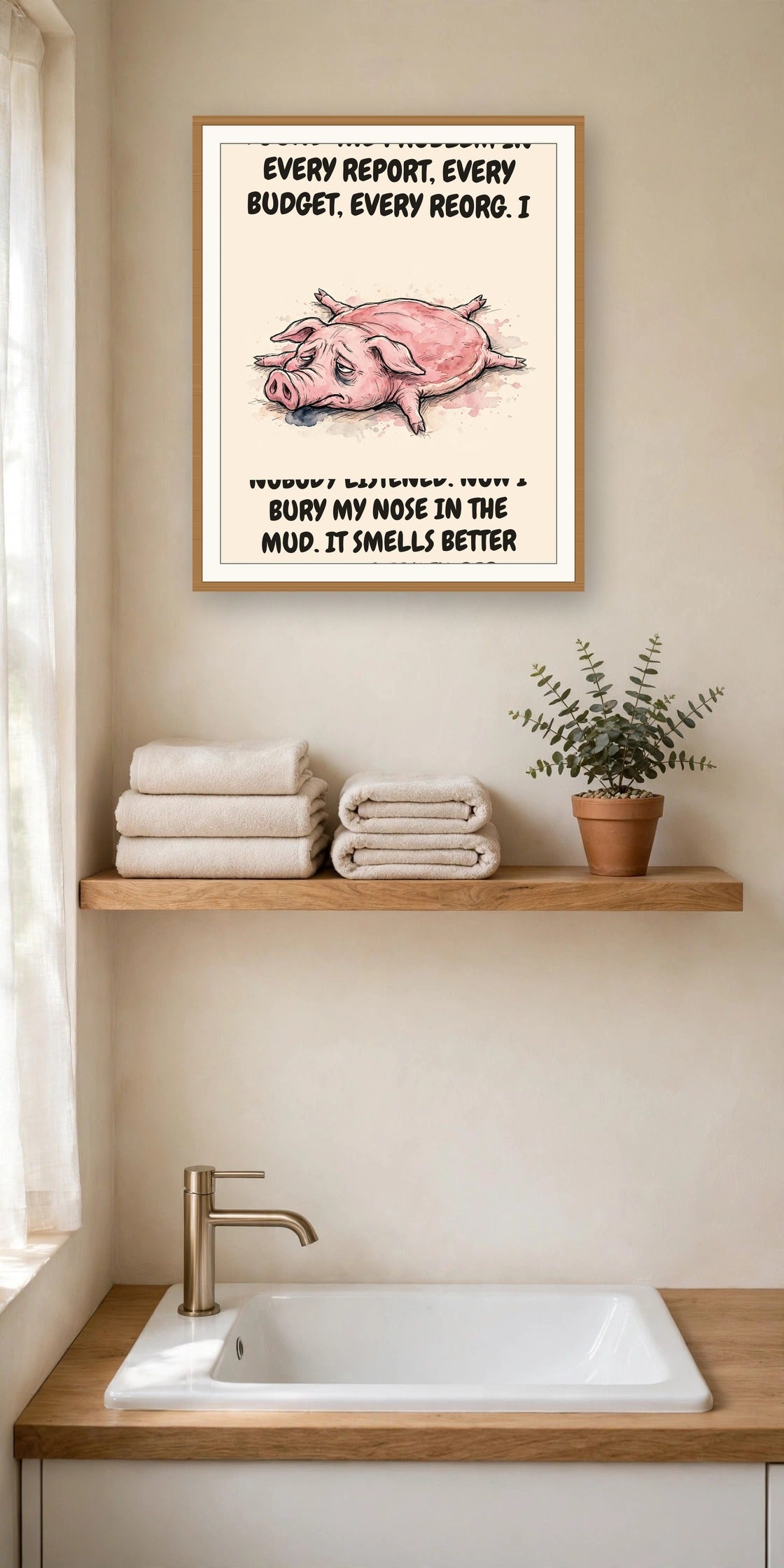 The same print shown hanging in an office — frame for display only, not included