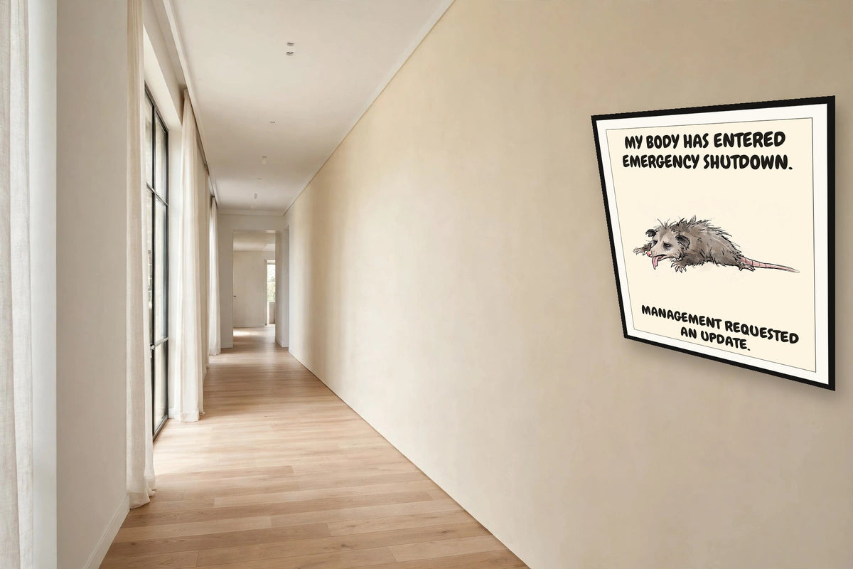 The same print shown hanging in an office — frame for display only, not included